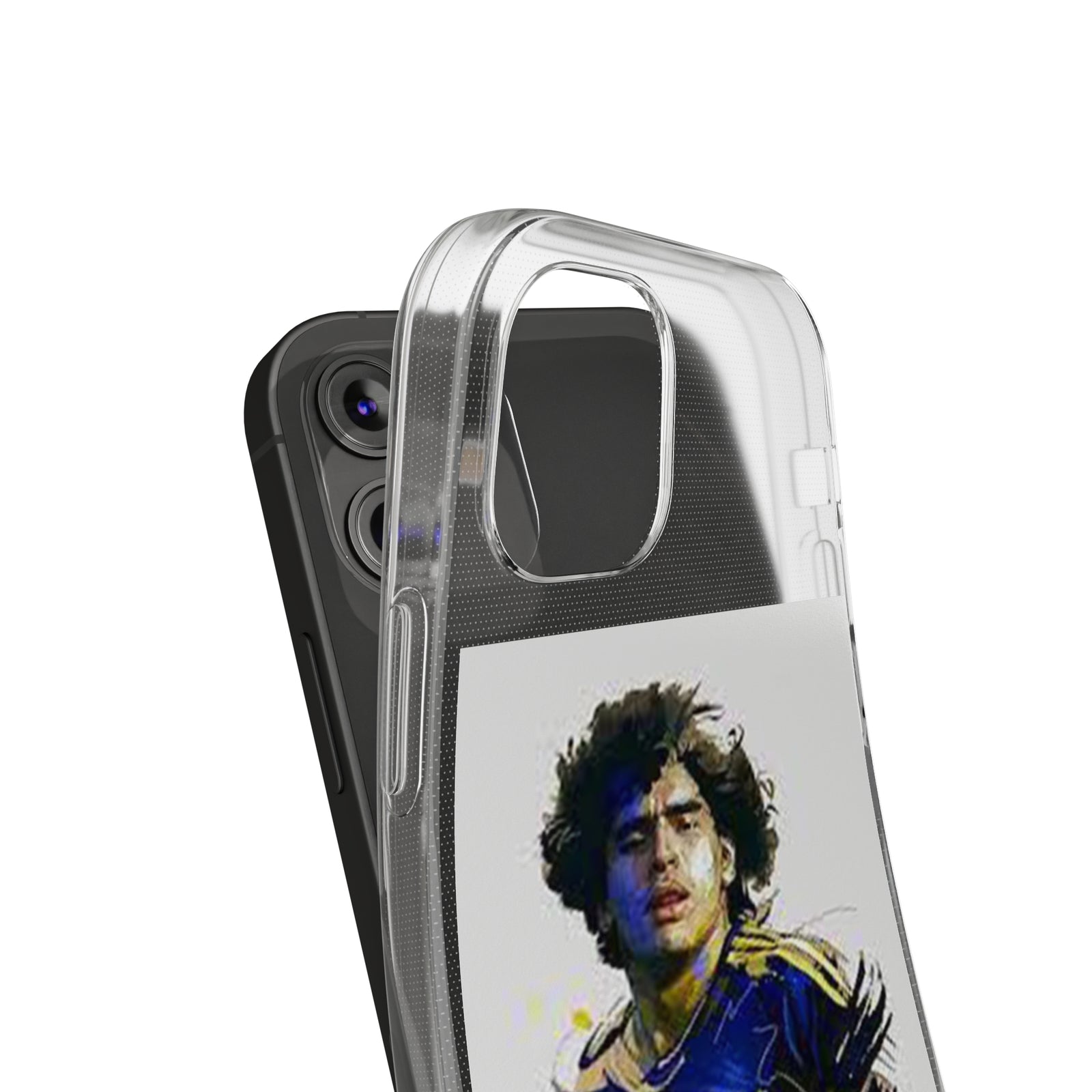 Clear TPU phone case featuring a vibrant Maradona design, perfect for outdoor adventures and daily use.
