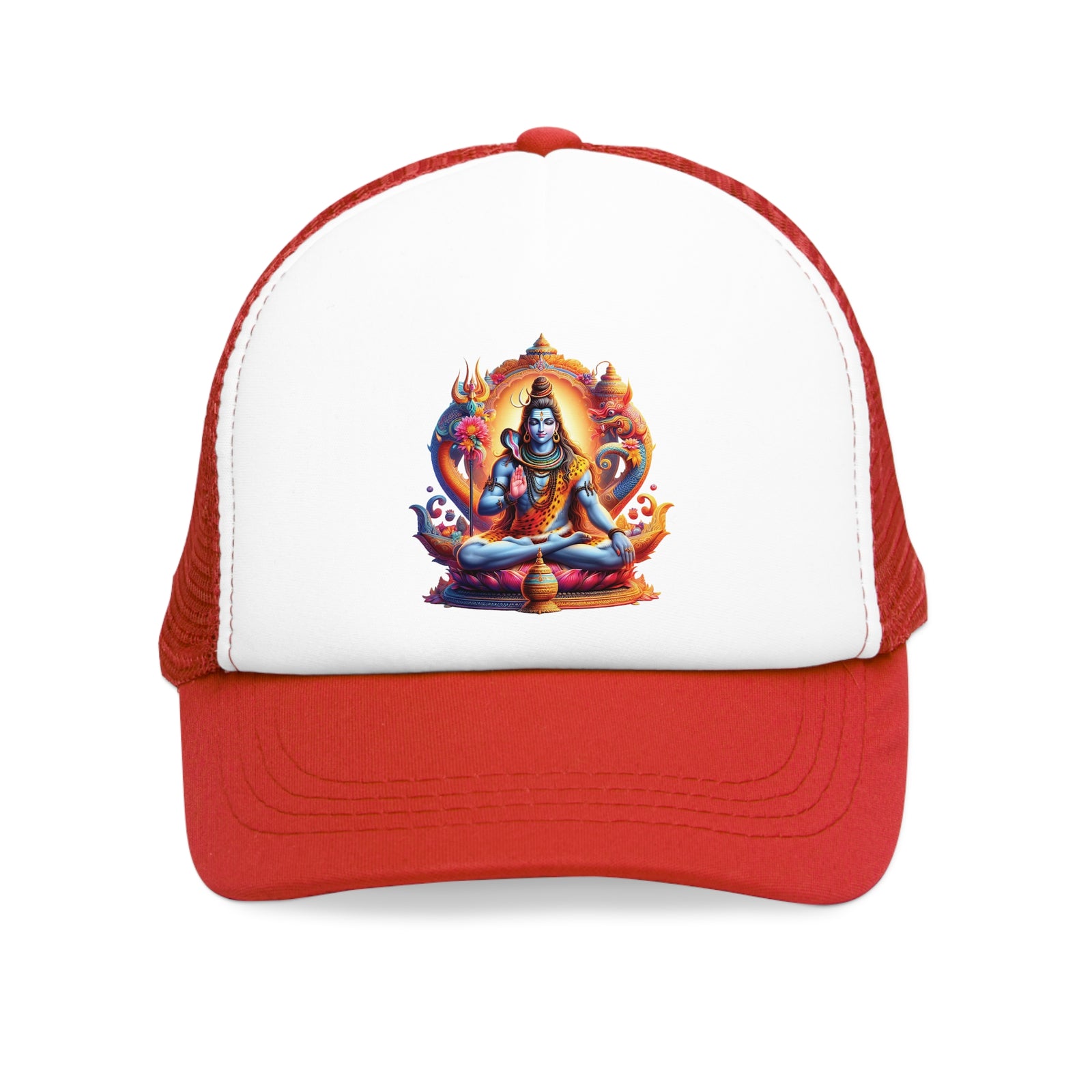 Mesh cap with red brim featuring colorful deity artwork, perfect for outdoor adventures and camping.