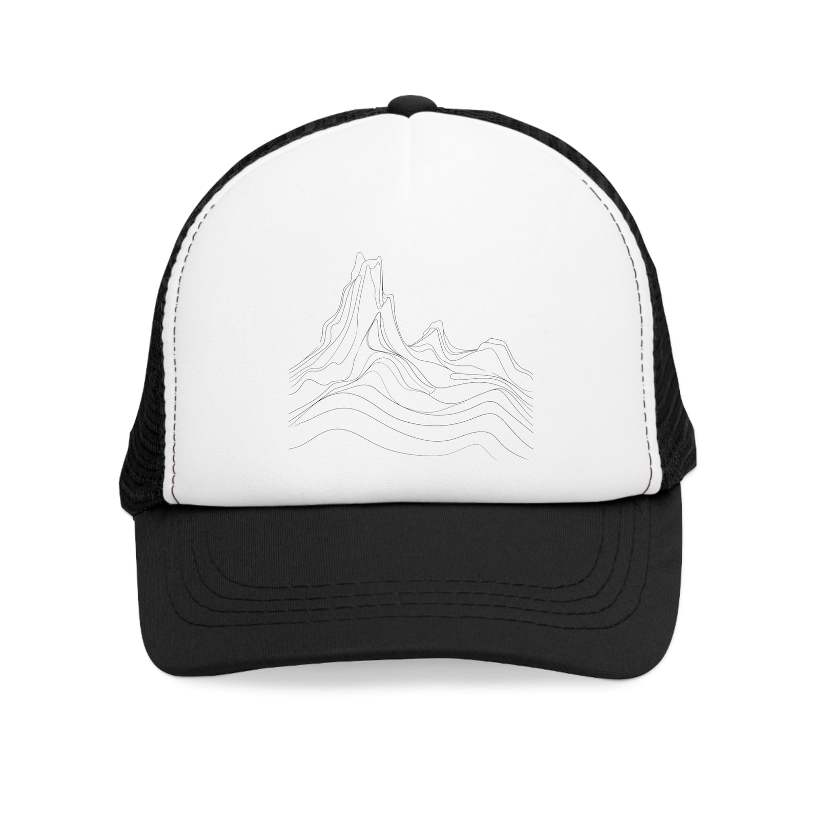Mesh cap featuring a mountain design, perfect for outdoor adventures and camping, available at revlando.com.