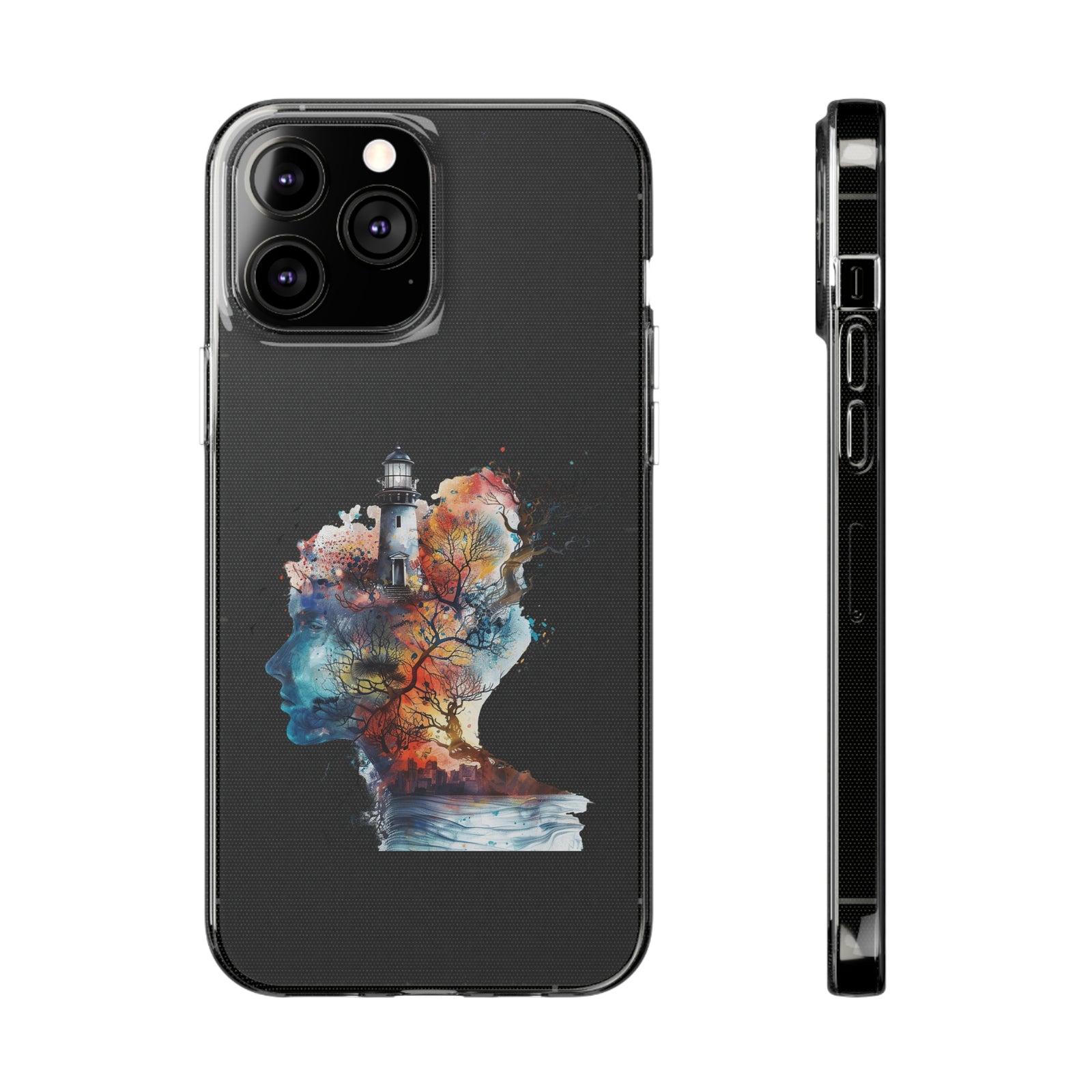 Stylish abstract phone case featuring a lighthouse and a silhouette design, perfect for outdoor adventures.