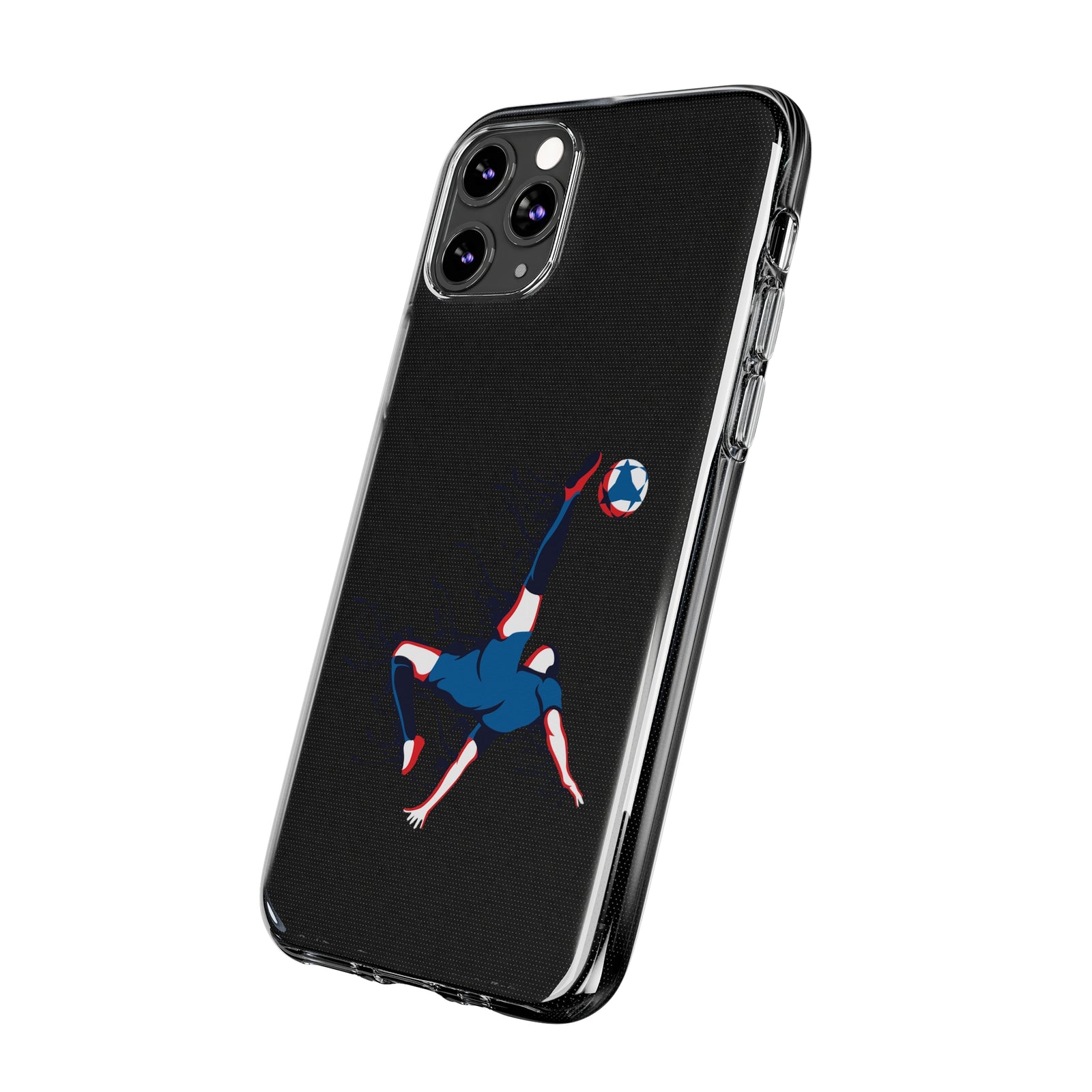 Flexible TPU phone case featuring a bicycle kick football design, perfect for outdoor adventures and sports enthusiasts.