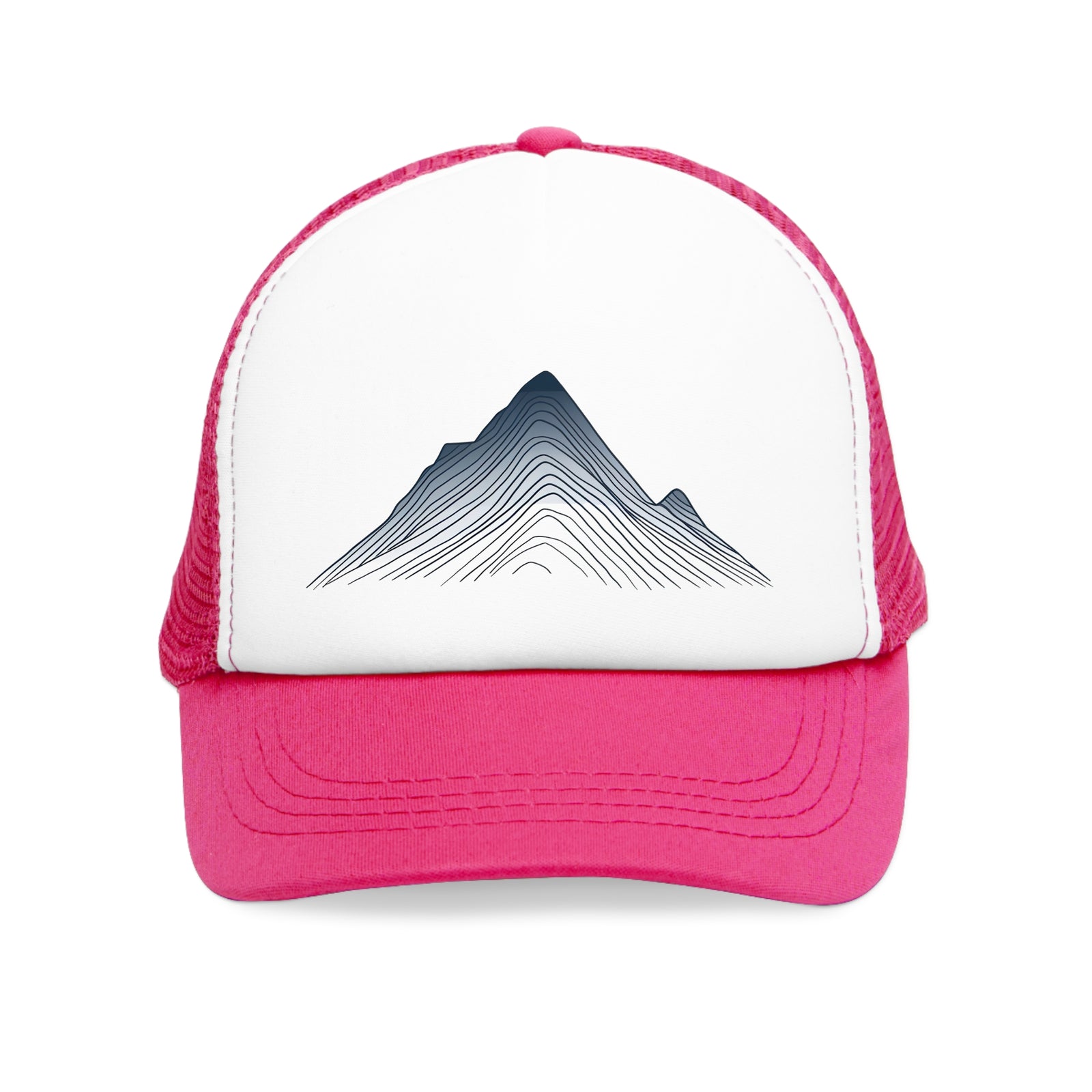 Mesh cap with mountain design in pink, perfect for outdoor adventures and camping from revlando.com.