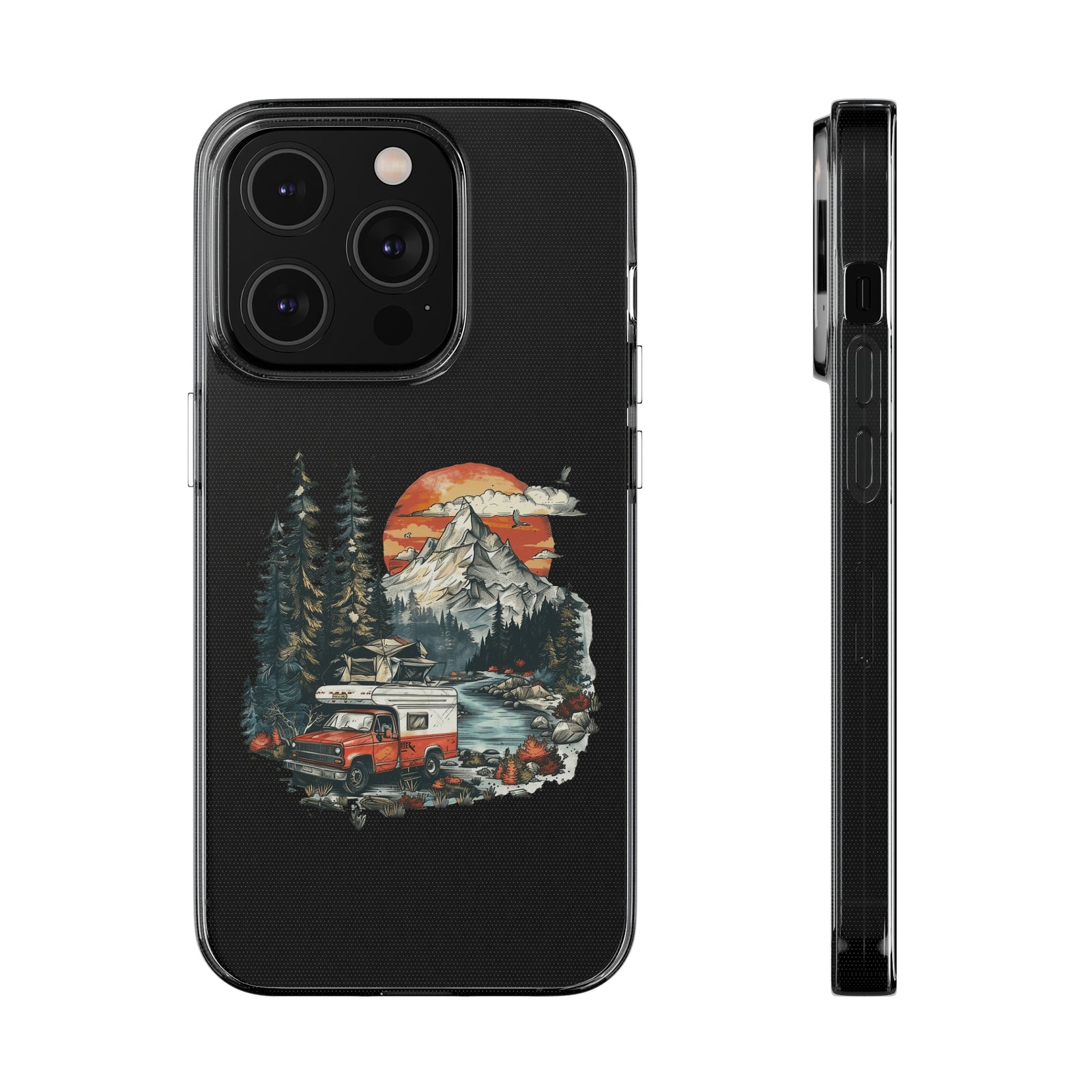 Phone case featuring a camping van design with mountains and trees, ideal for outdoor adventures. Perfect for adventurous users.