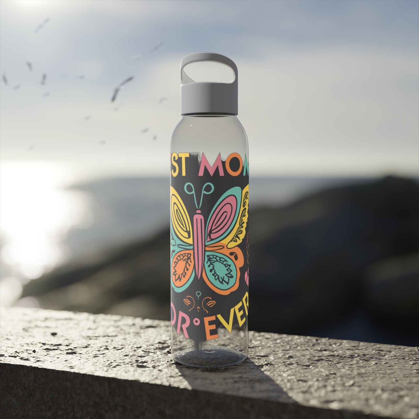 Sky Water Bottle with butterfly design, ideal for outdoor use and camping adventures, from revlando.com.