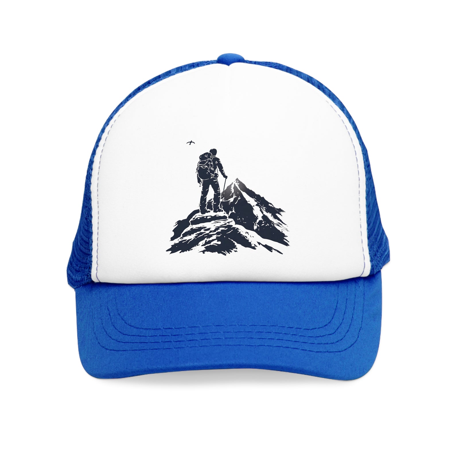 Mesh cap featuring a mountain climber graphic, perfect for outdoor adventures and camping, available at revlando.com.