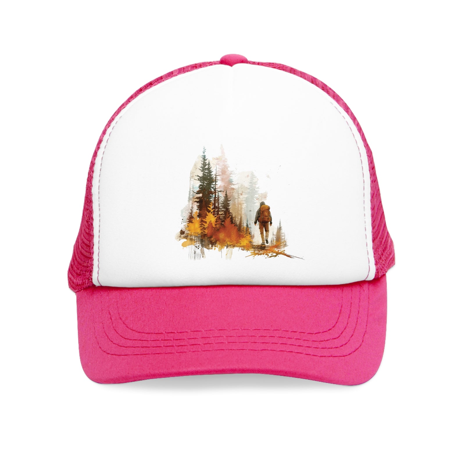 Pink mesh cap featuring a nature illustration, perfect for outdoor adventures and camping, available at revlando.com.