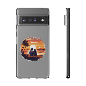 Clear TPU phone case featuring sunset and couple design, perfect for outdoor adventures. Available at revlando.com.