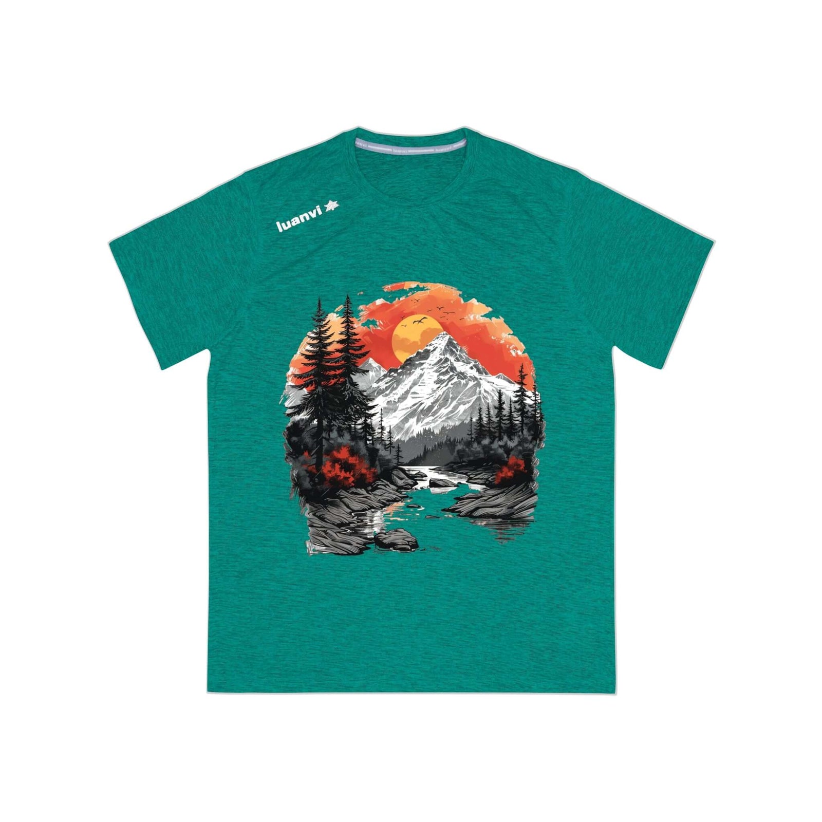 Men's outdoor sports t-shirt featuring mountain and forest graphic, perfect for camping adventures.