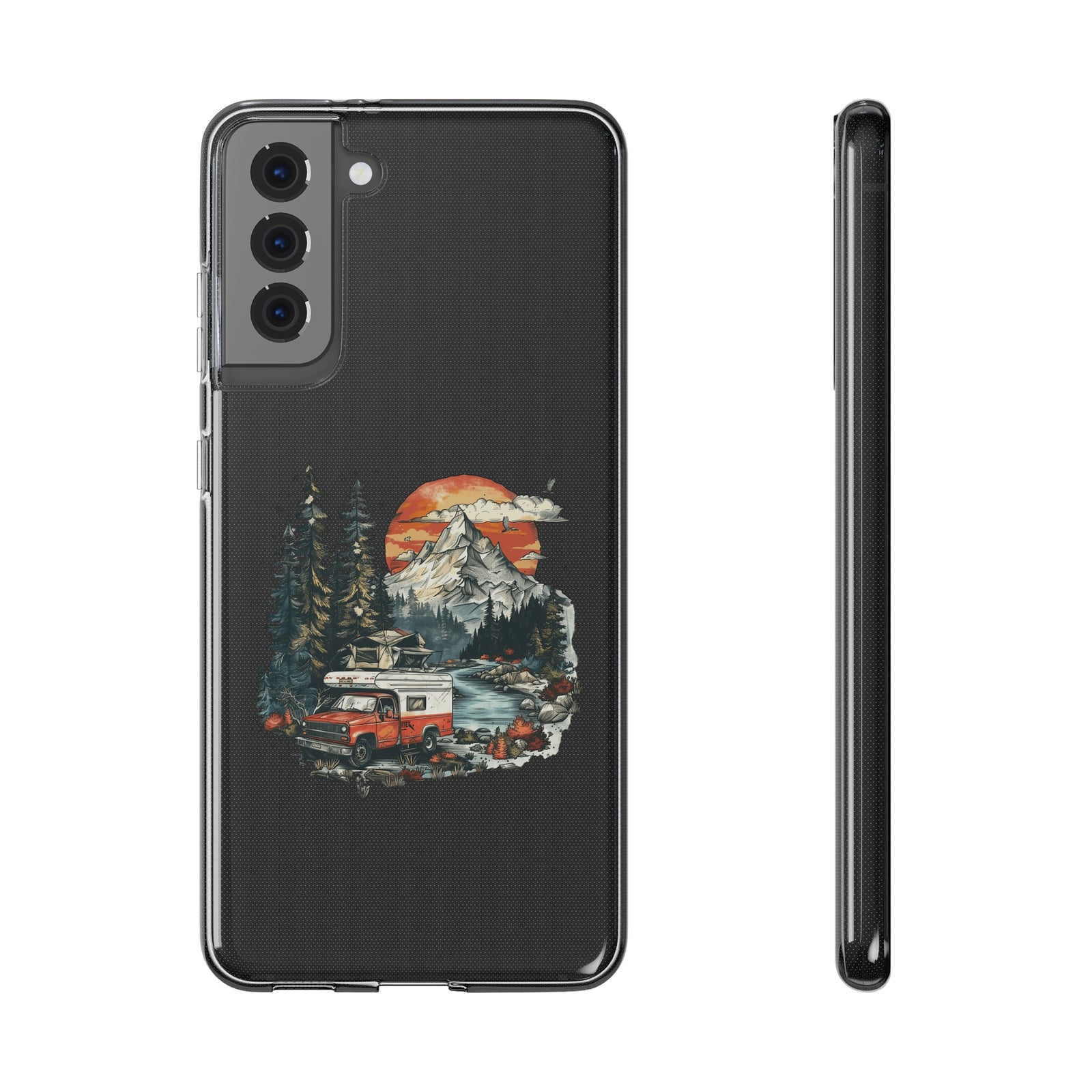 Phone case featuring a camping van design, perfect for outdoor adventures and nature lovers from revlando.com.