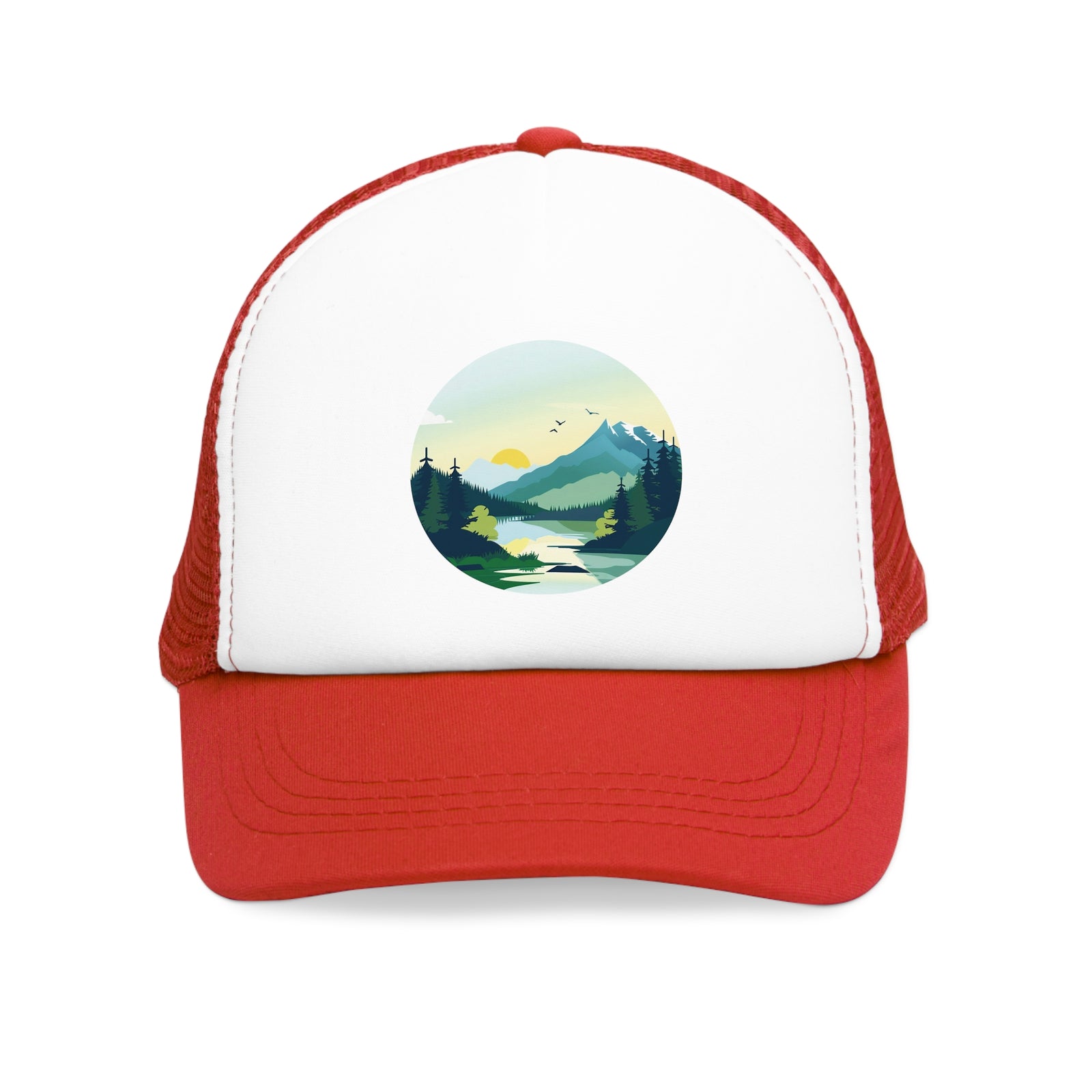 Mesh cap with red brim and mountain landscape design, perfect for outdoor adventures and camping, available at revlando.com.