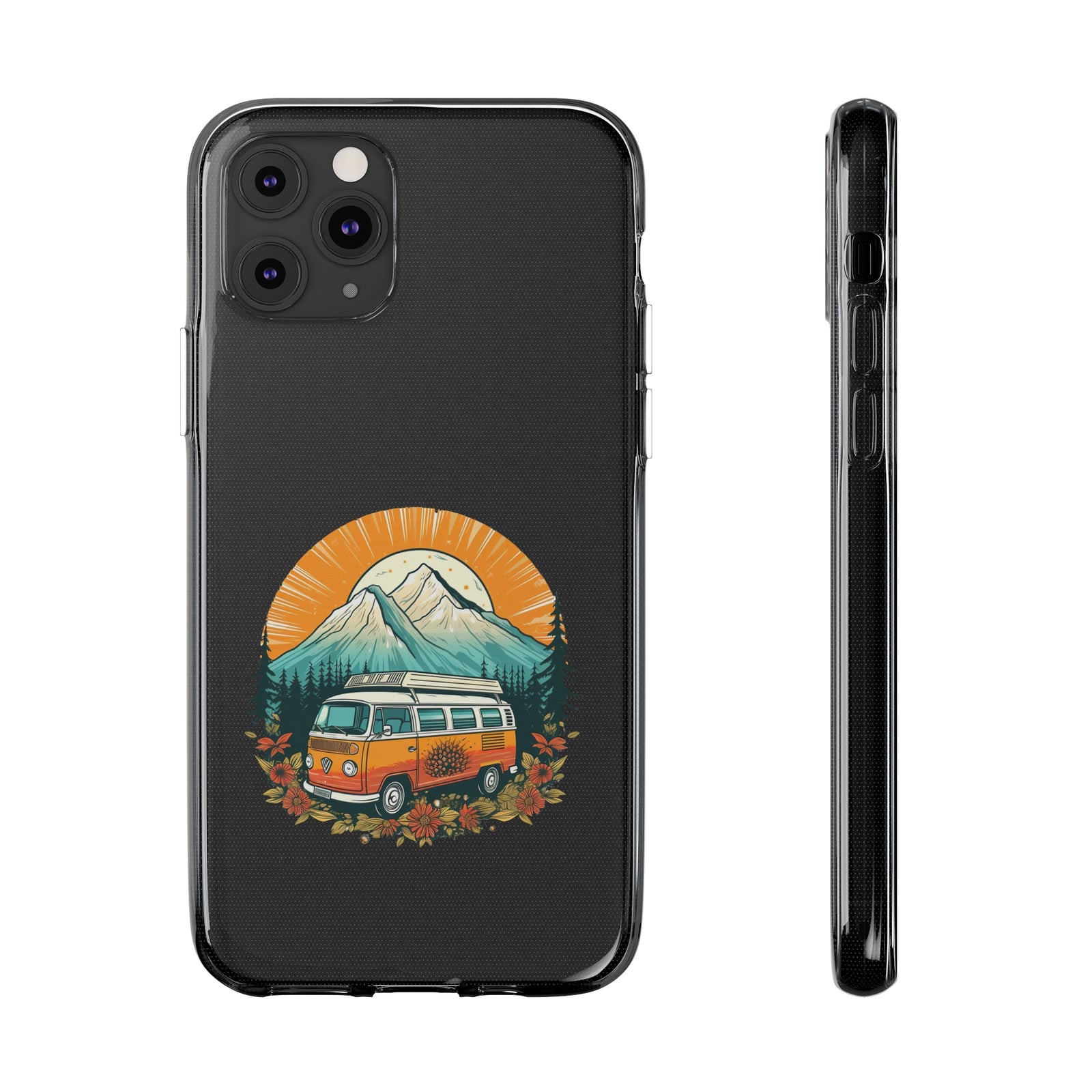 Phone case featuring a vintage camping van design, perfect for outdoor adventures and protecting phones in style.
