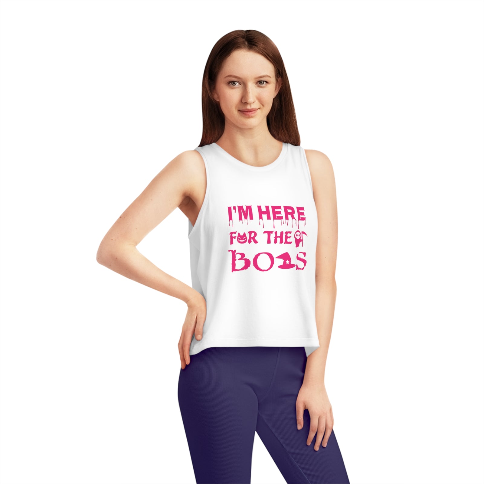 Model wearing a cropped tank top with the text 'I'M HERE FOR THE BOAS' in pink on a black background.