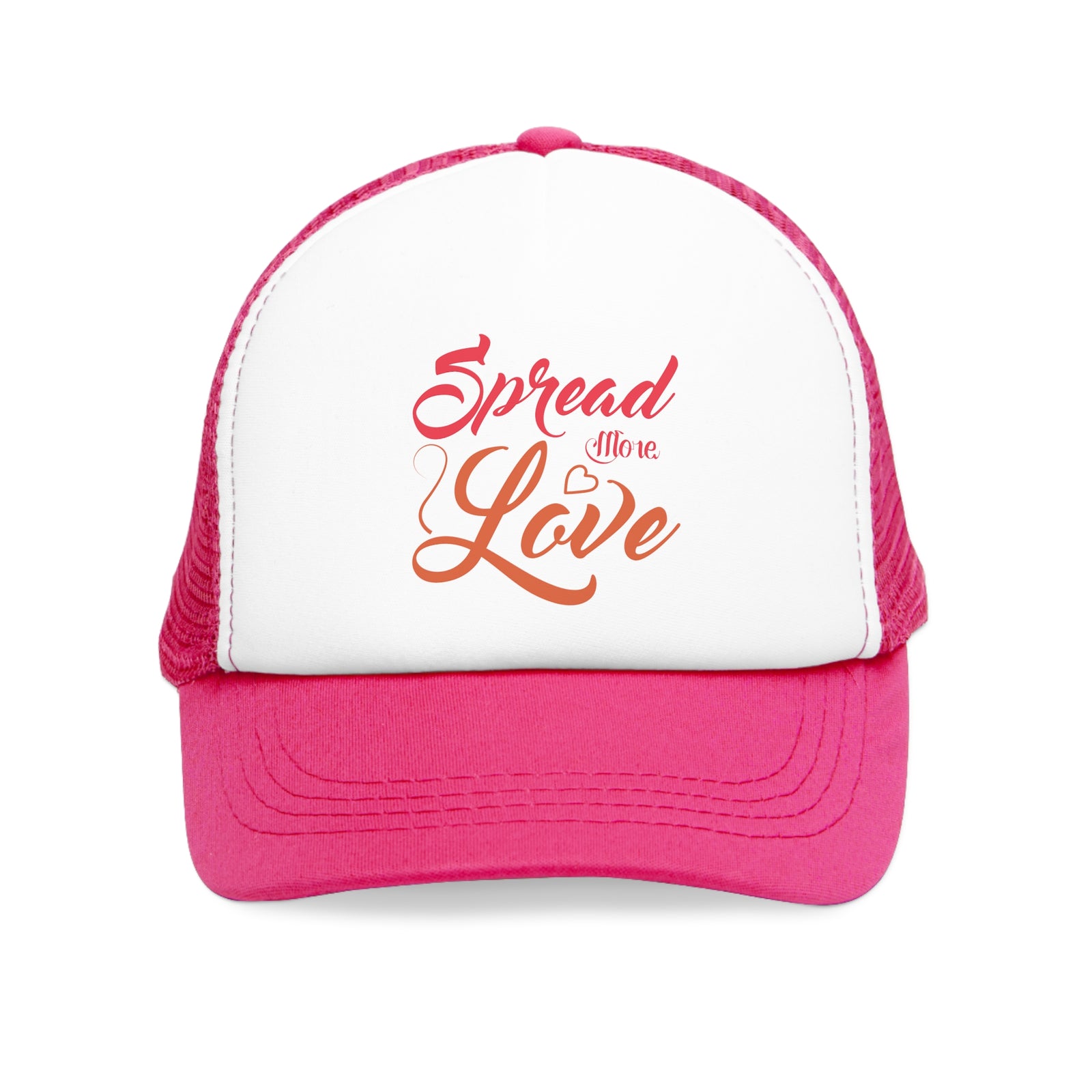 Mesh cap with pink bill and white front panel featuring 'Spread More Love' design, ideal for outdoor adventures.