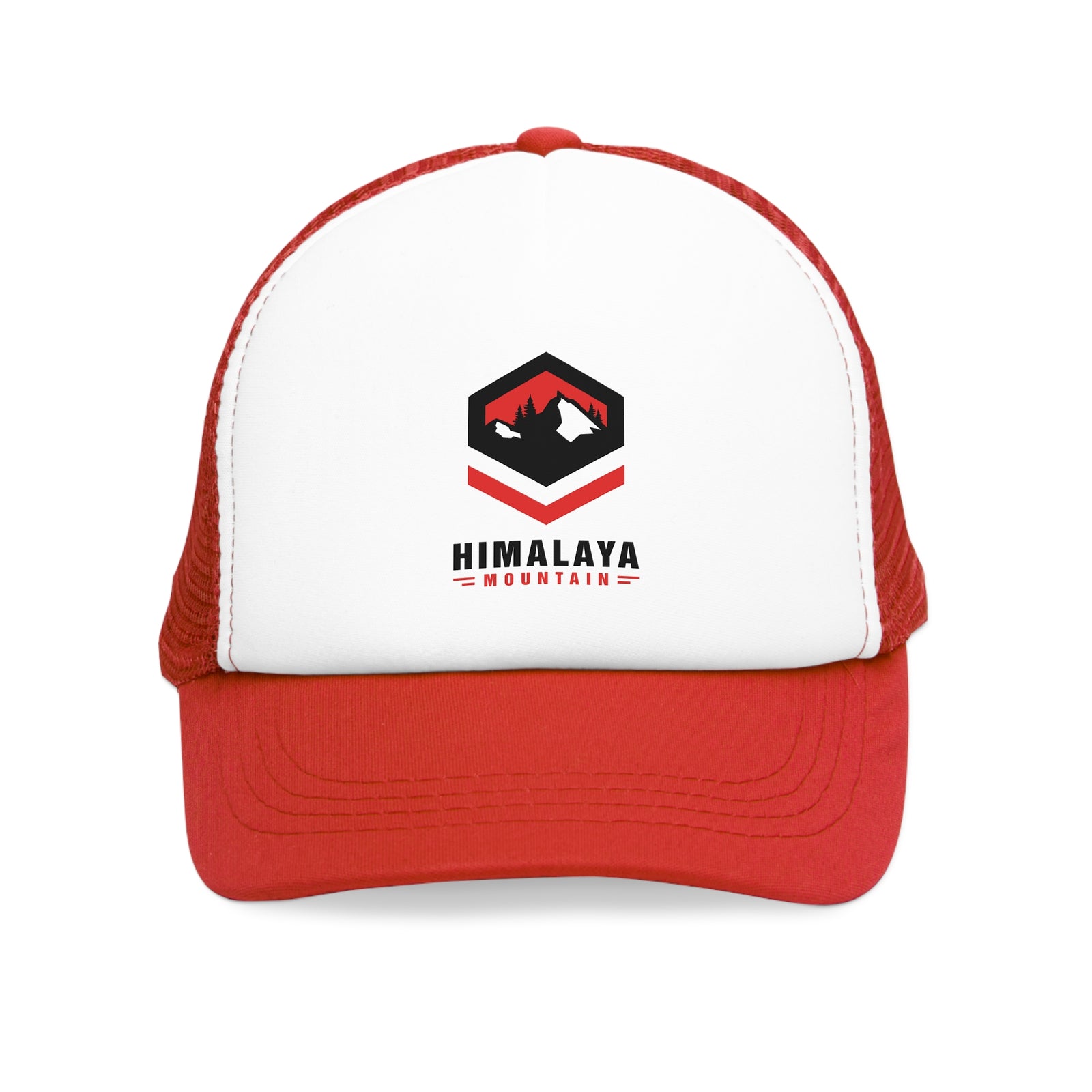 Red mesh cap with 'Himalaya Mountain' logo, perfect for outdoor adventures and camping.
