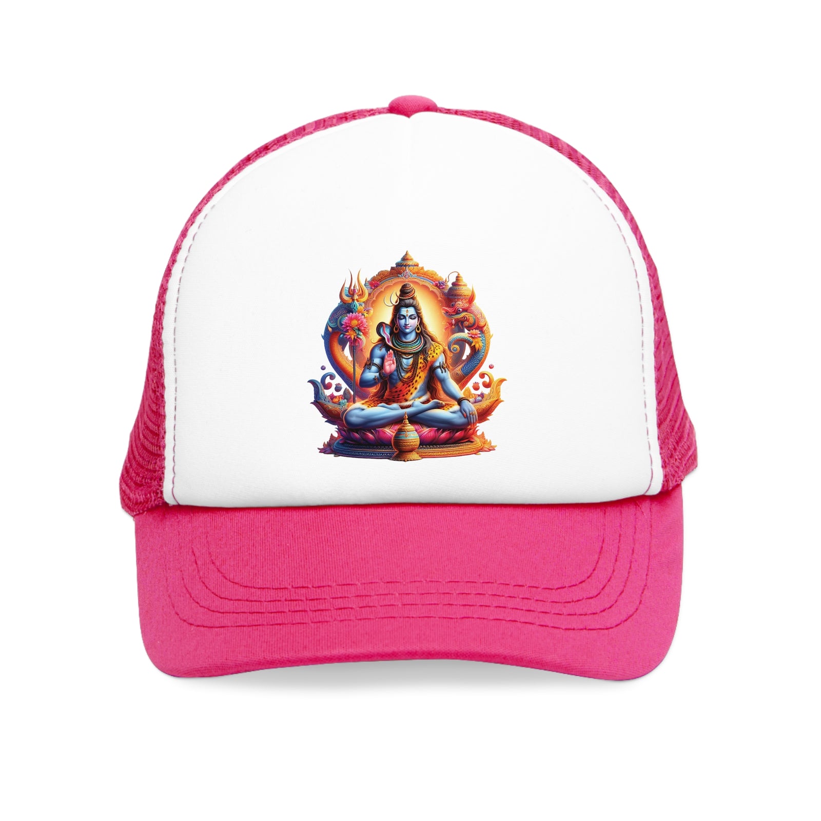Mesh cap in pink featuring vibrant artwork of a deity, perfect for outdoor adventures and camping.