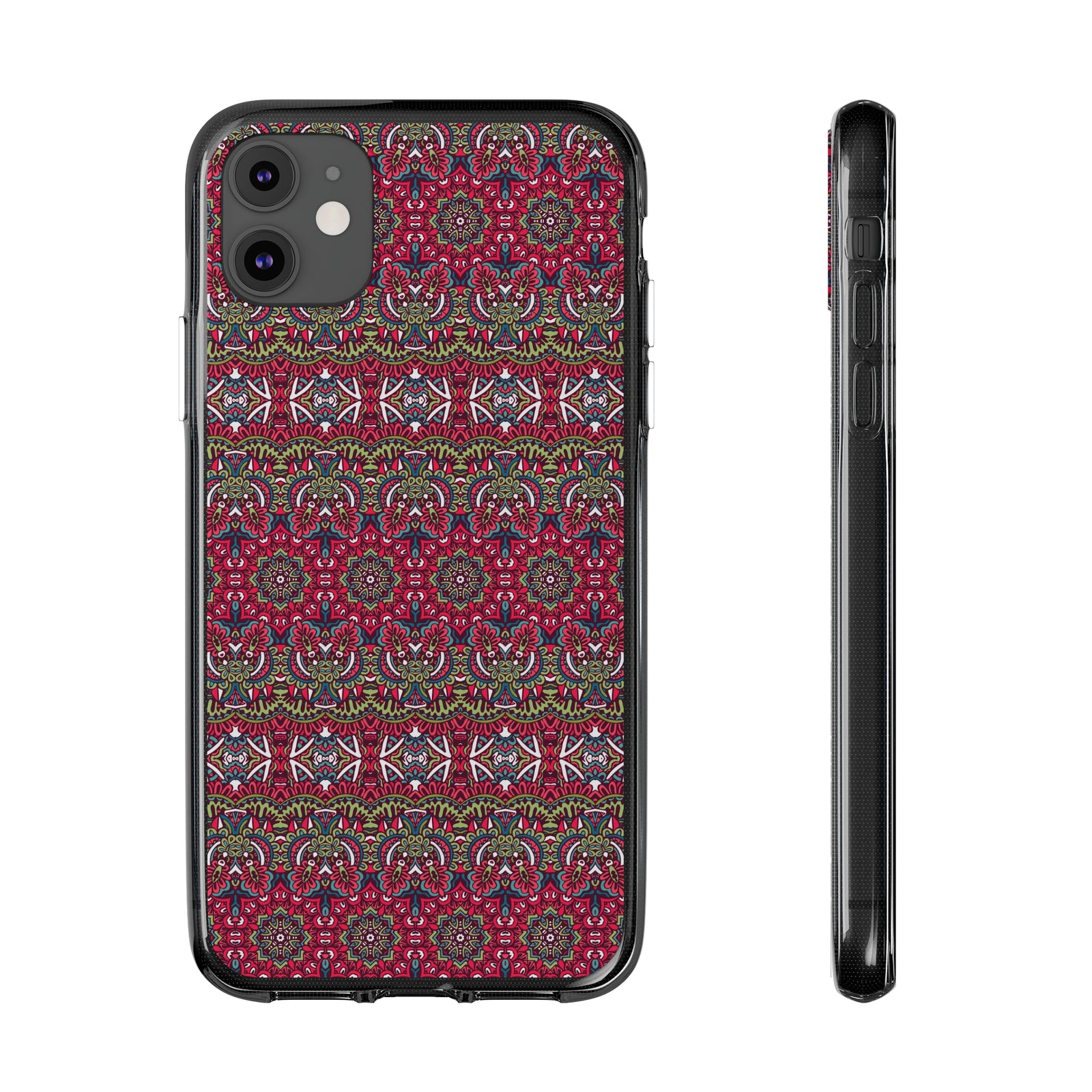 Red mandala phone case designed for outdoor adventures, camping, and personal customization at revlando.com.