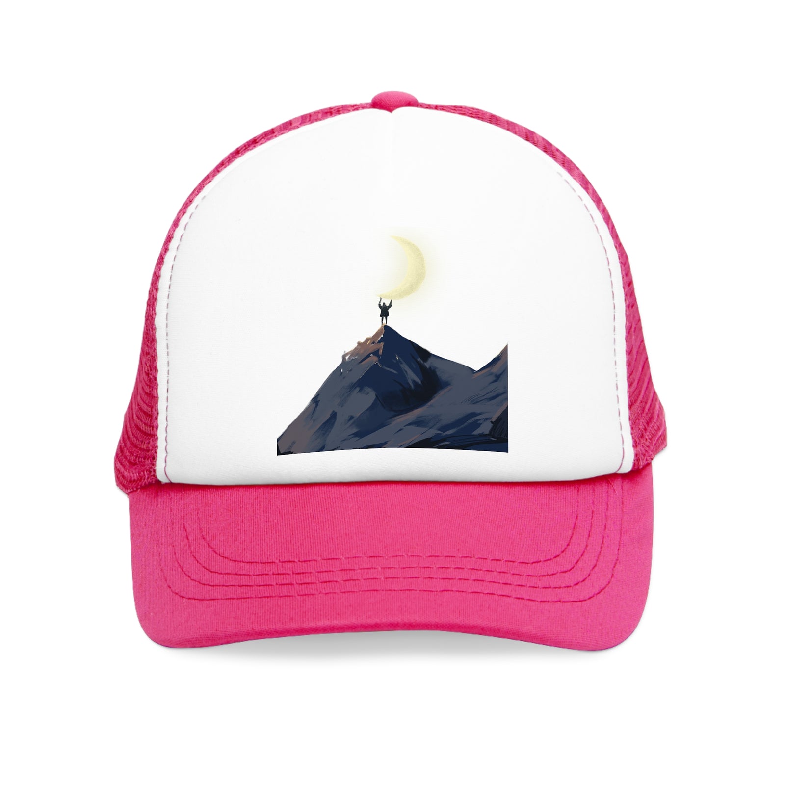 Pink mesh cap featuring a mountain design, ideal for outdoor adventures and camping. Available at revlando.com.