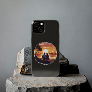 Clear TPU phone case featuring a romantic sunset beach scene, perfect for outdoor adventures and camping.