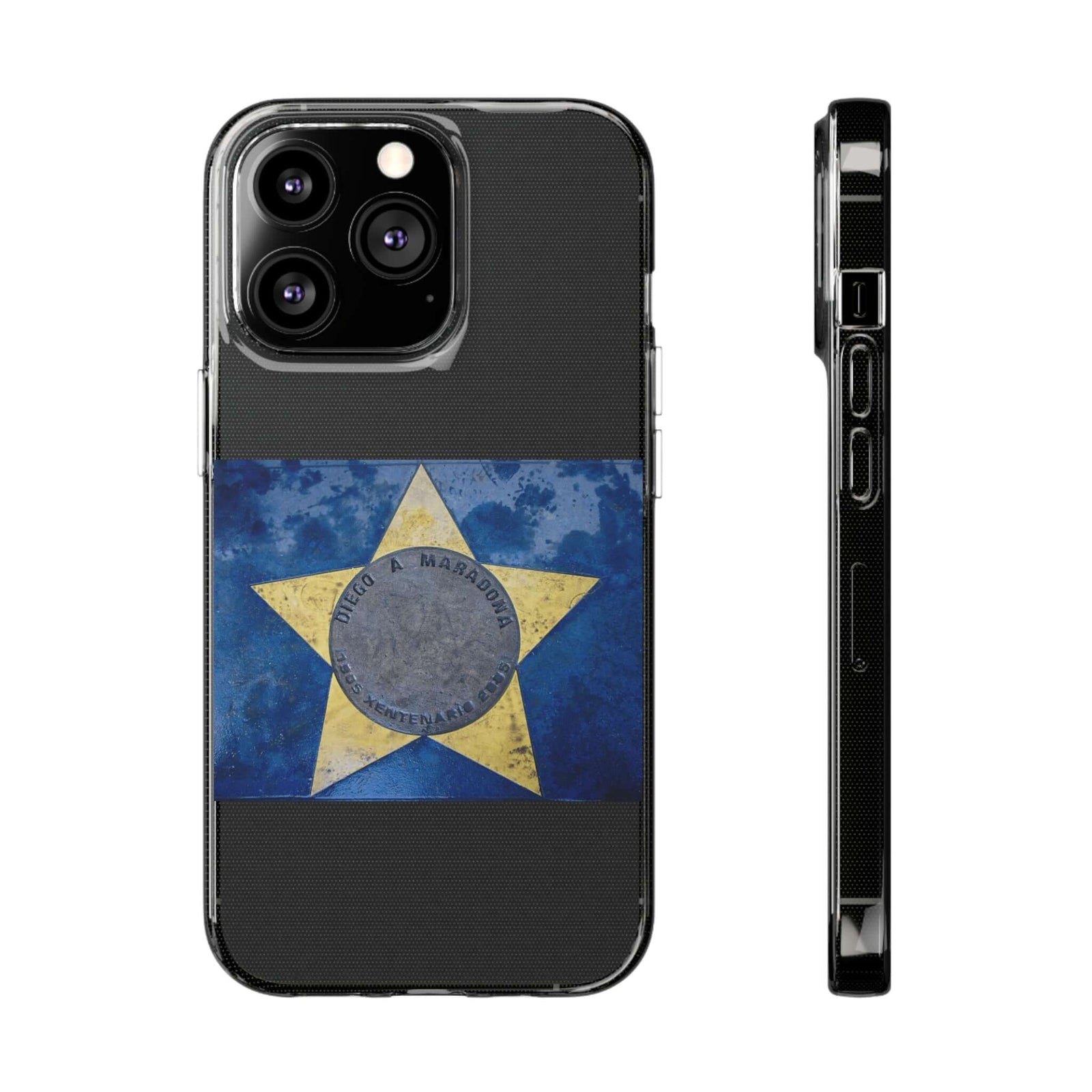 Diego Maradona themed phone case with star design on clear TPU, ideal for outdoor adventures and personal style.