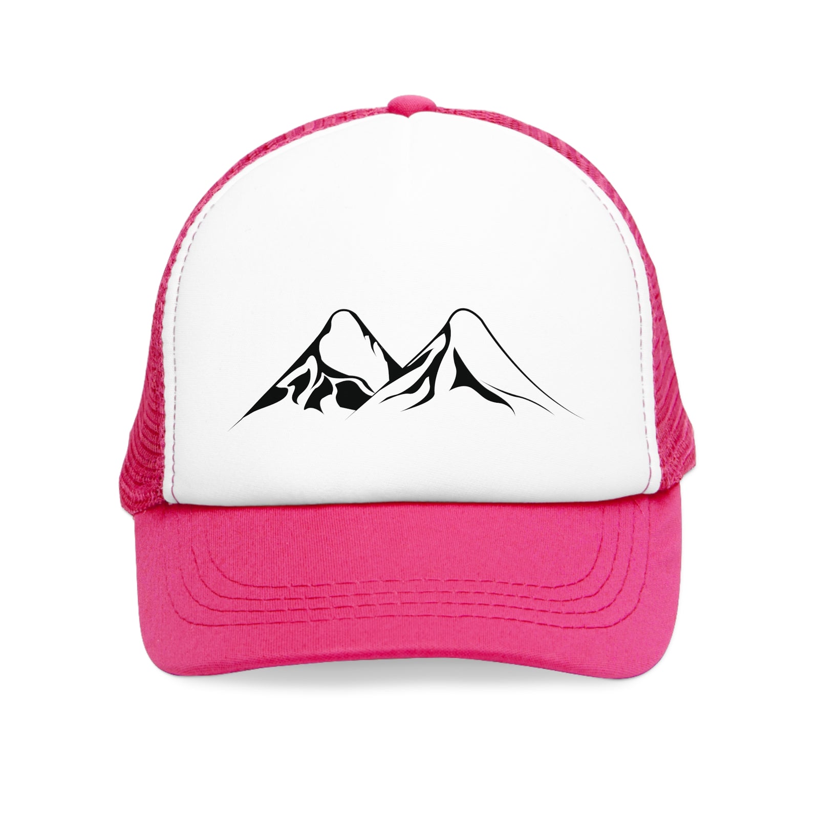 Pink mesh cap featuring a mountain design, perfect for outdoor adventures and camping, available at revlando.com.