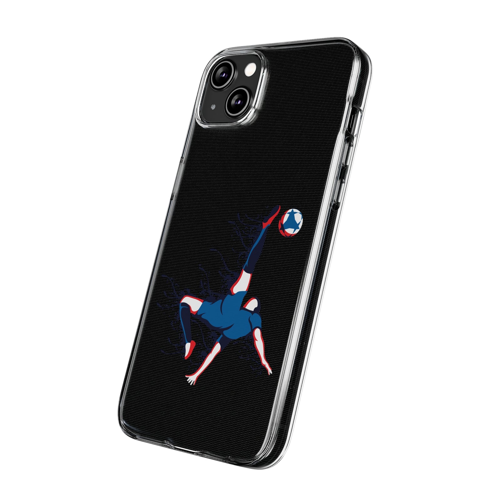 Clear TPU phone case featuring a bicycle kick soccer design, perfect for outdoor adventures and custom style.