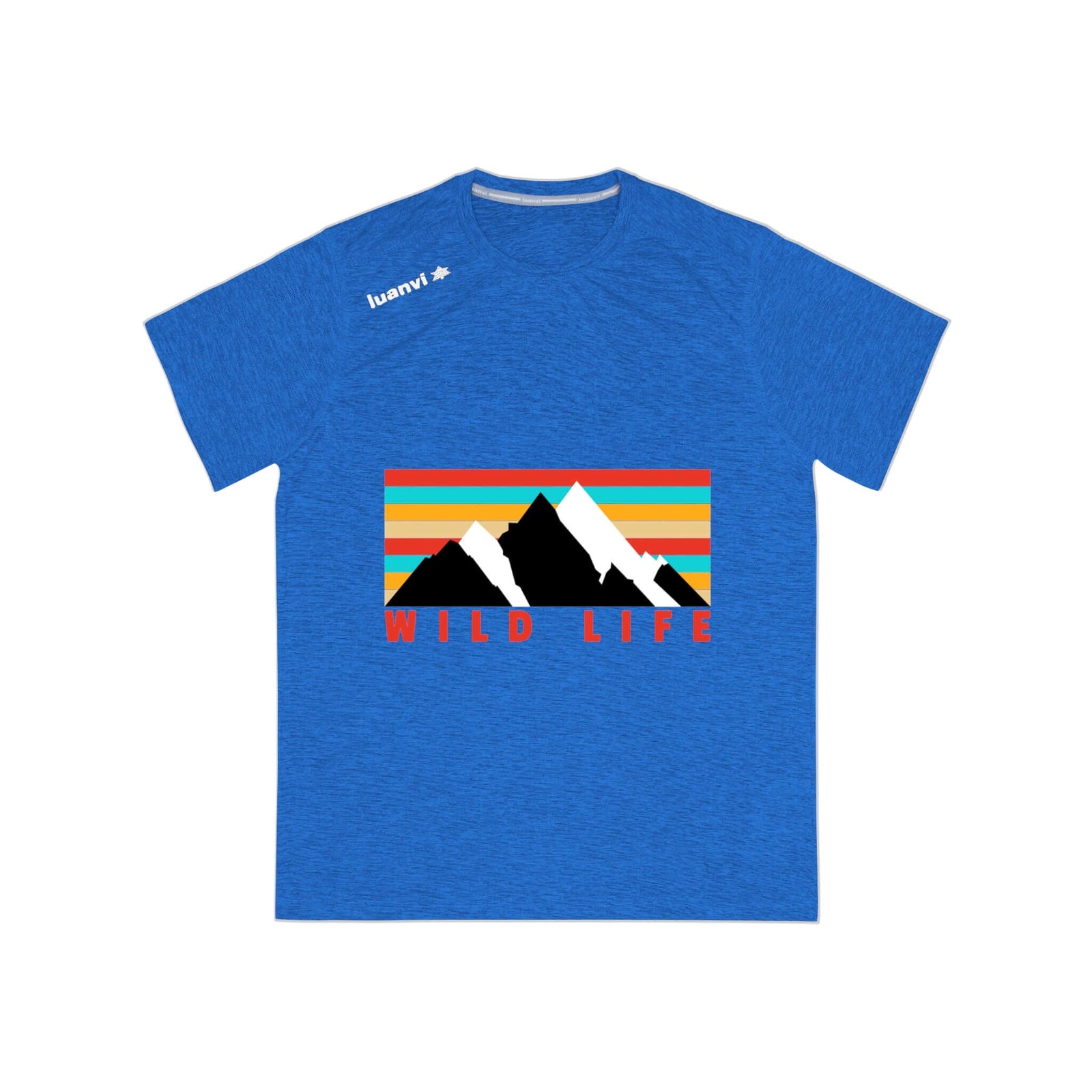 Men's blue sports t-shirt with a colorful mountain graphic and 'WILD LIFE' text, ideal for outdoor adventure.