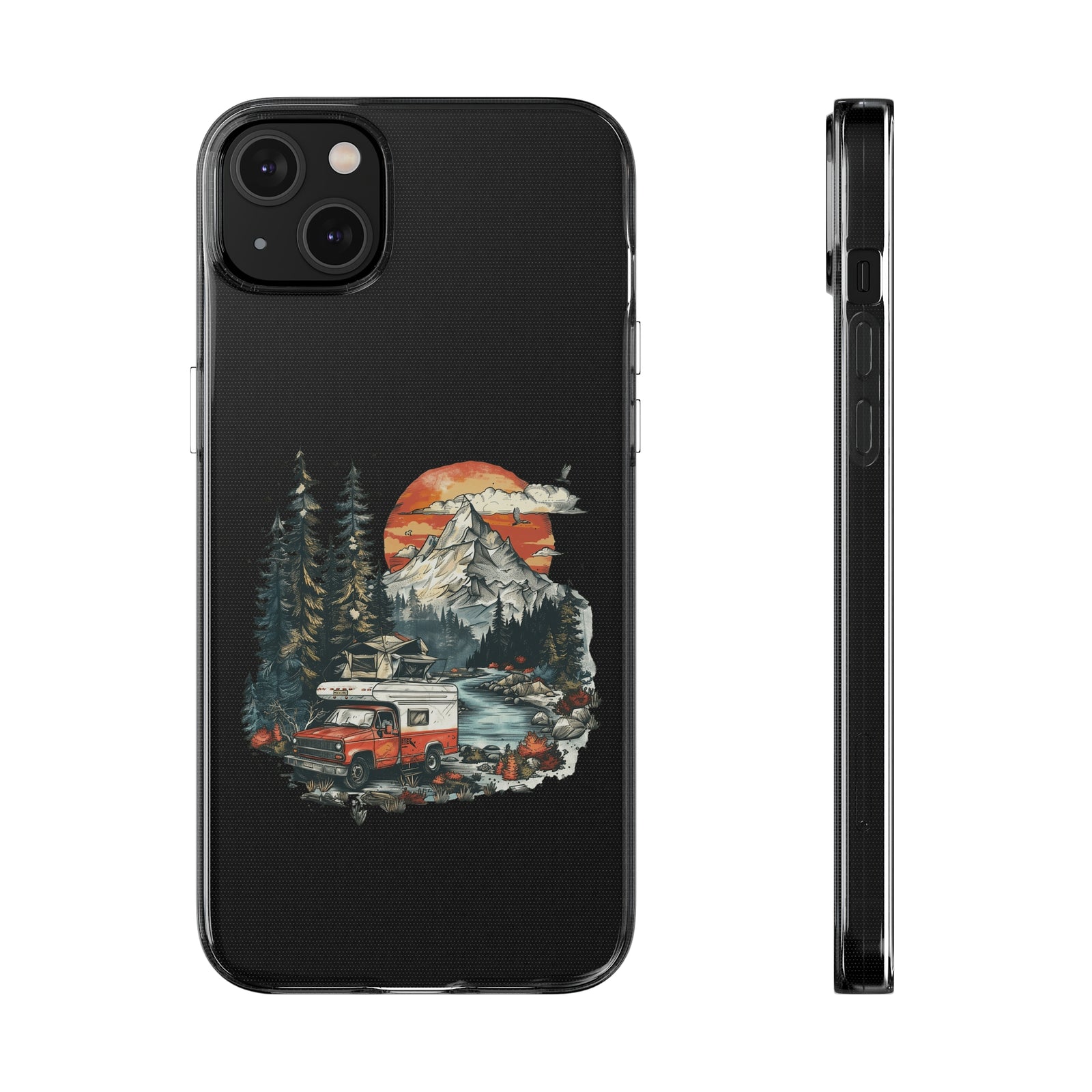 Phone case featuring a vintage camping van design against a mountain and sunset backdrop, ideal for outdoor adventure lovers.