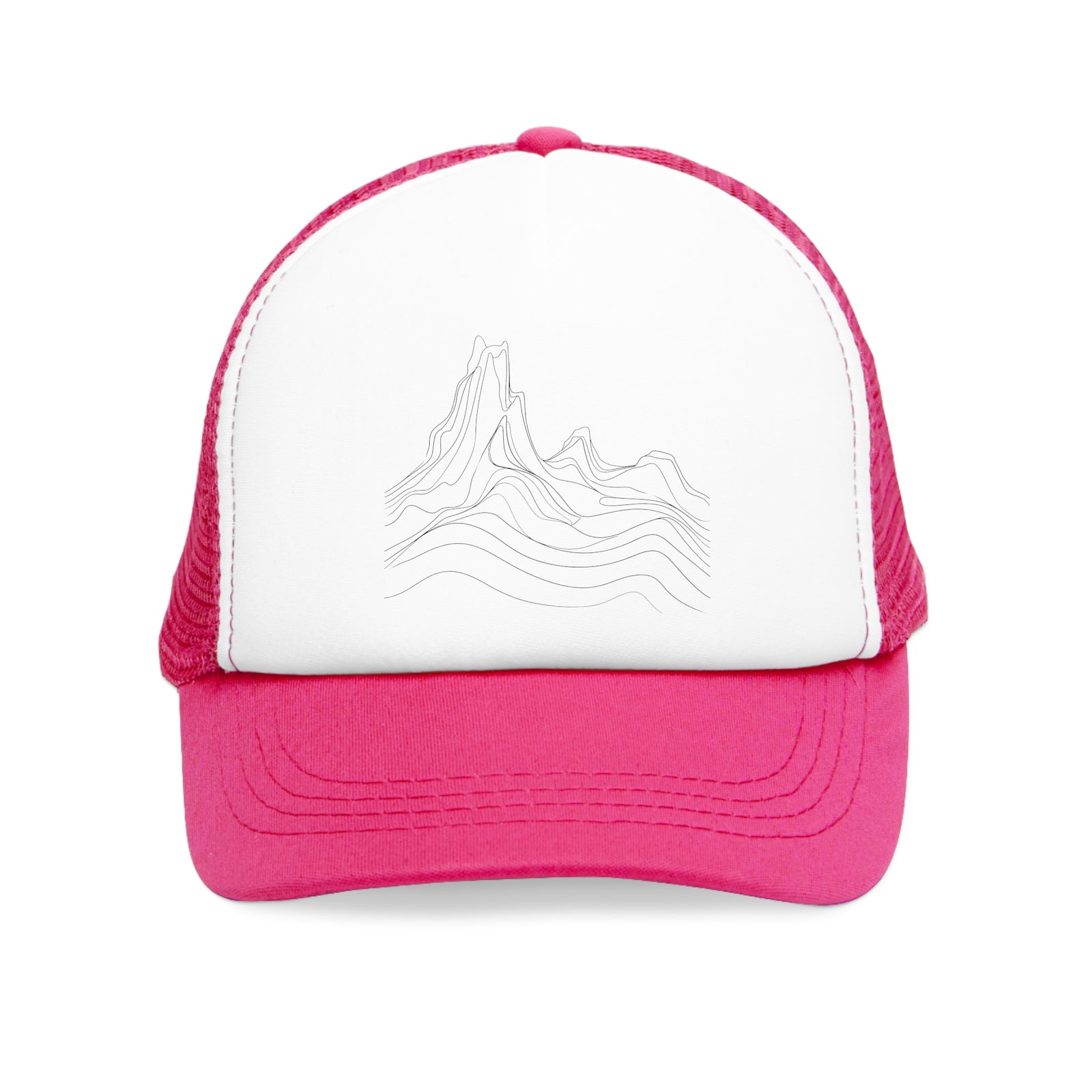 Pink mesh cap with mountain design, perfect for outdoor adventures and camping. Available at revlando.com.