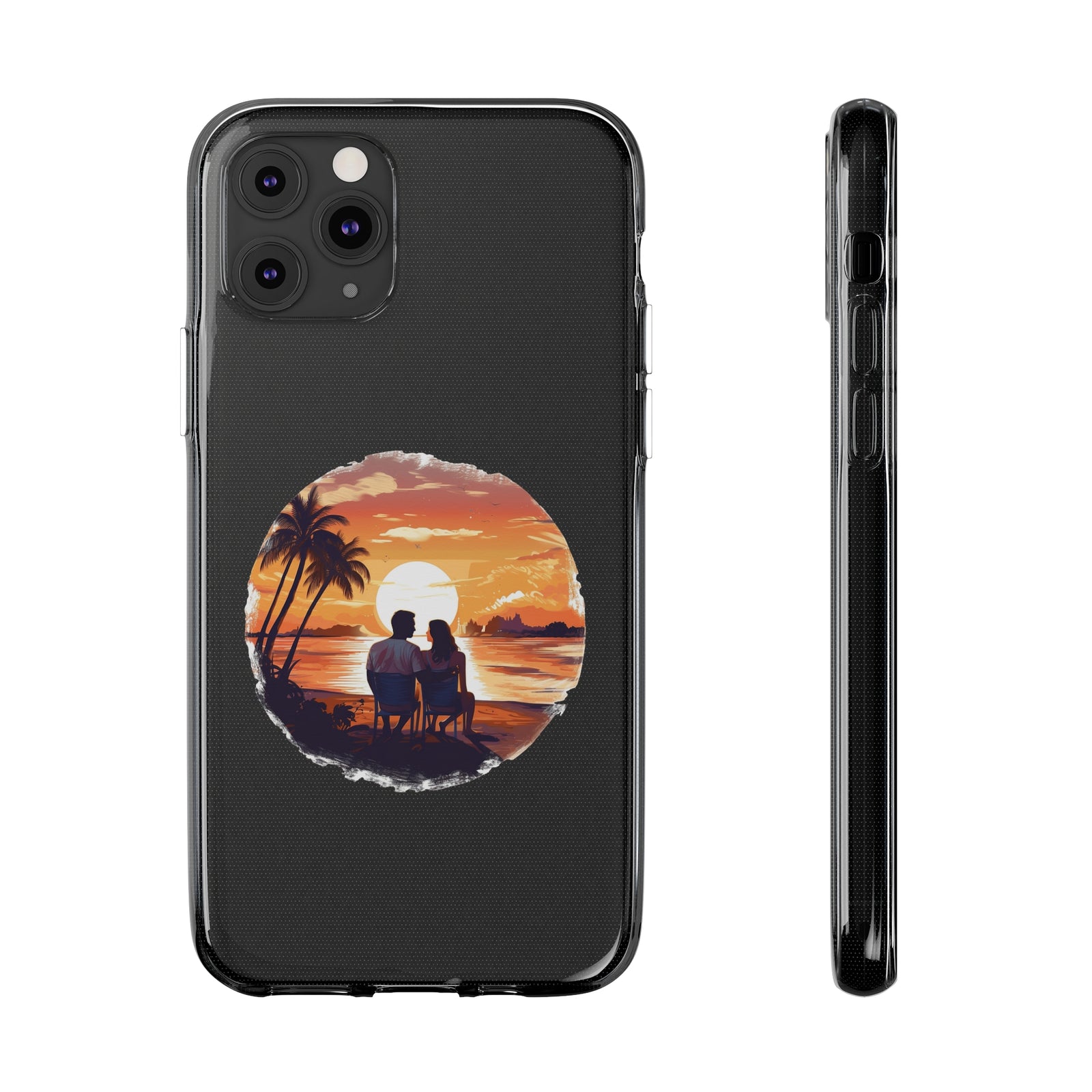Phone case with sunset beach design, perfect for outdoor adventure lovers. Ideal for camping enthusiasts.