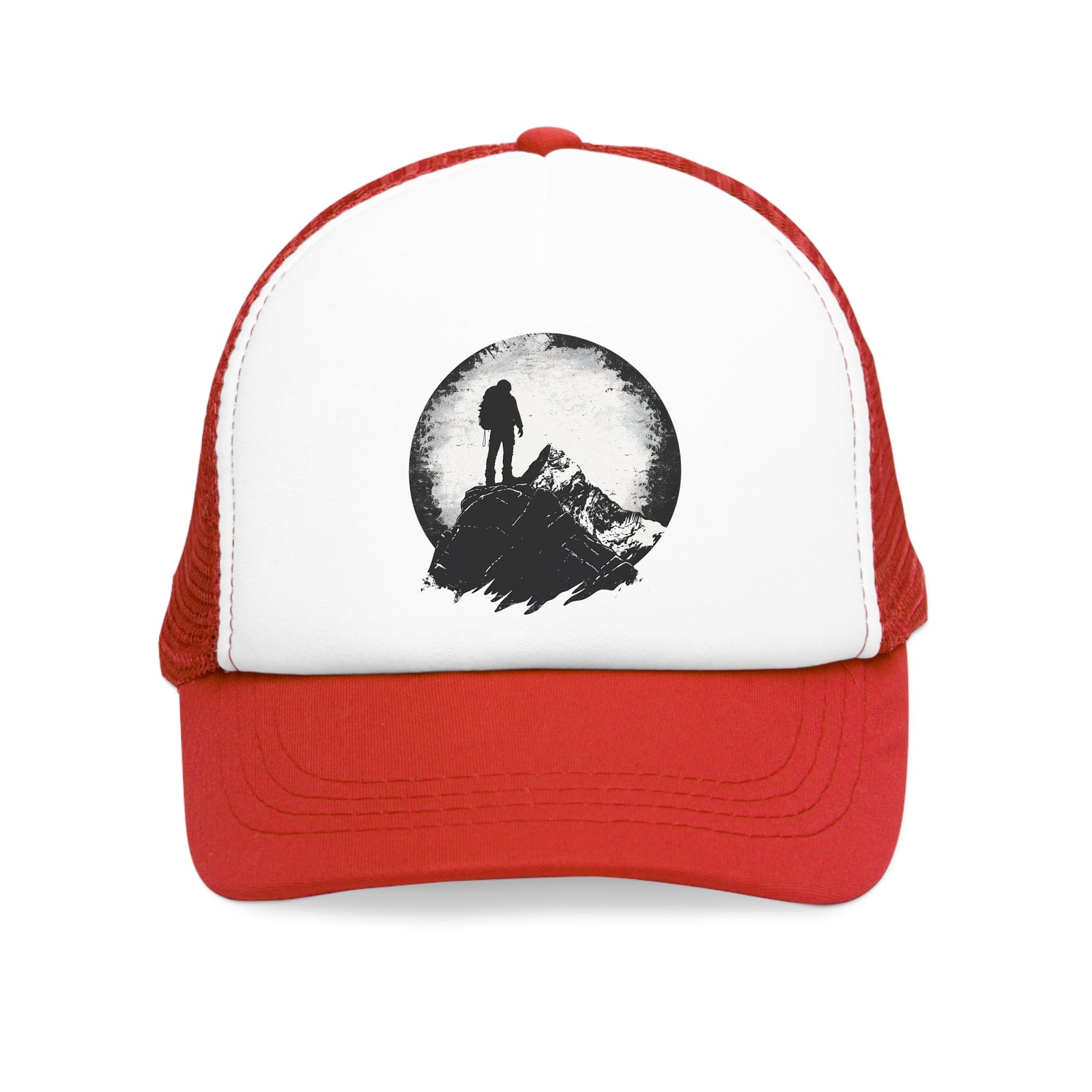Red mesh cap featuring a mountain and hiker graphic, ideal for outdoor adventures and camping.