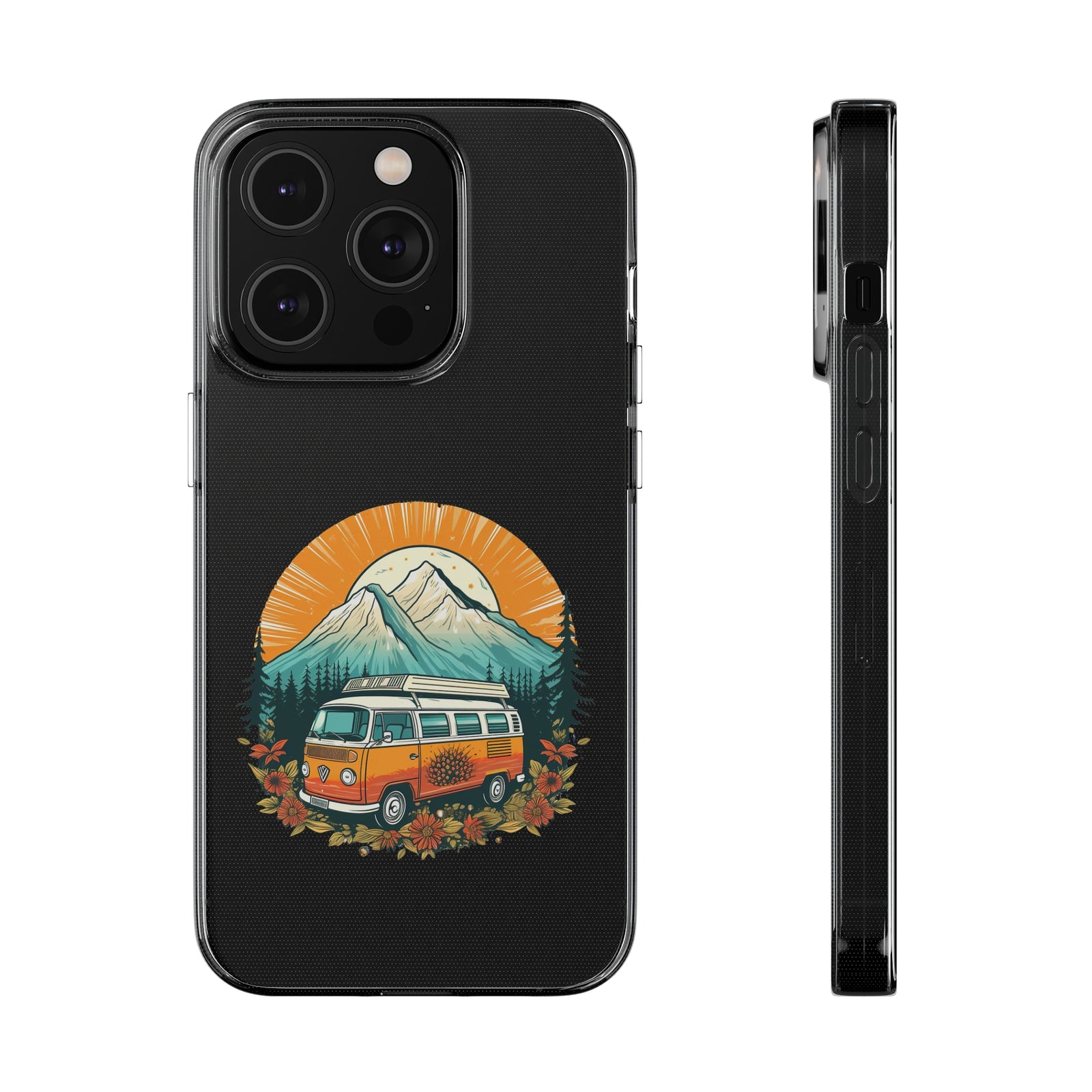 Phone case featuring a vintage camping van in an outdoor mountain design, ideal for adventure lovers.