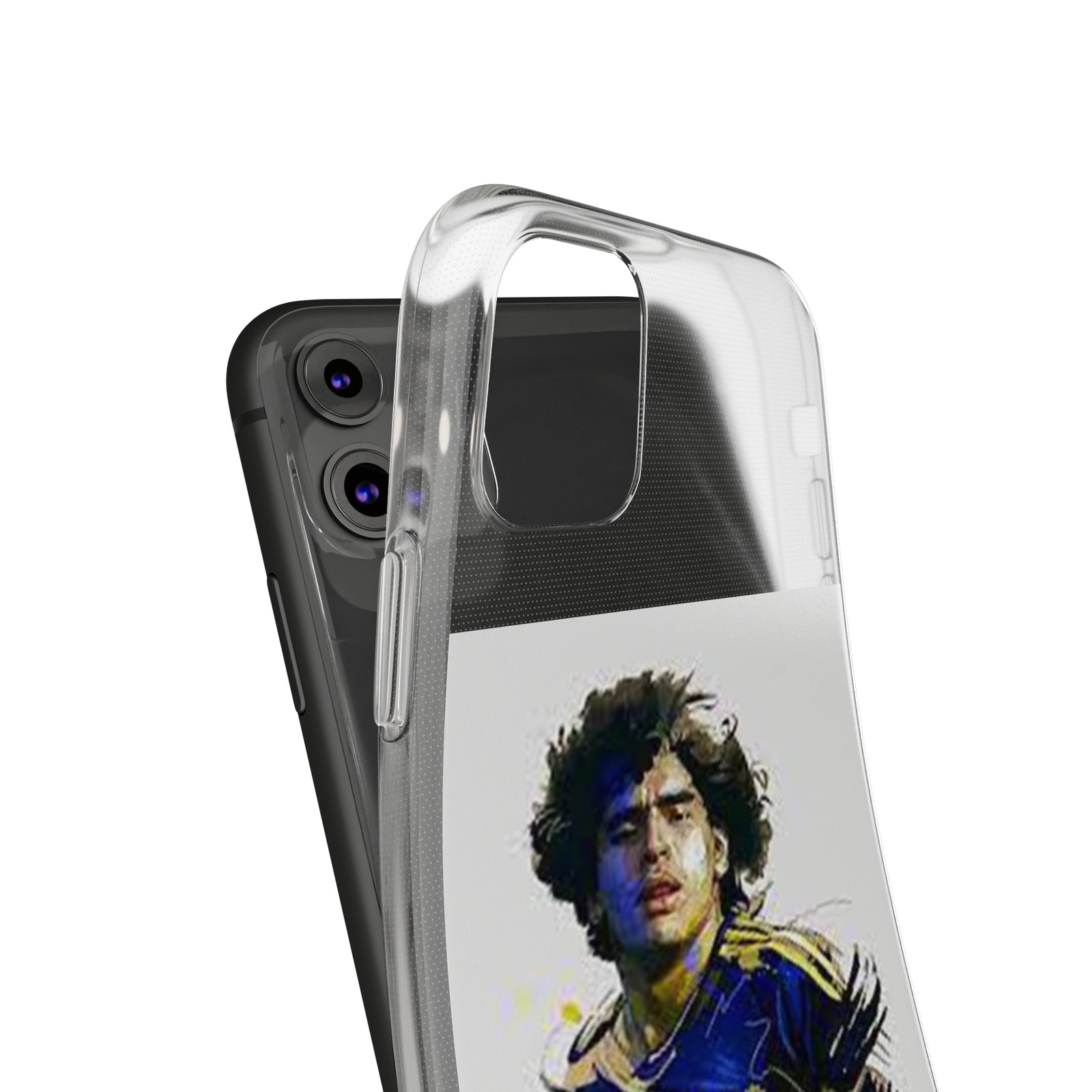 Clear TPU phone case featuring an artistic design of Maradona, perfect for outdoor adventures and camping.