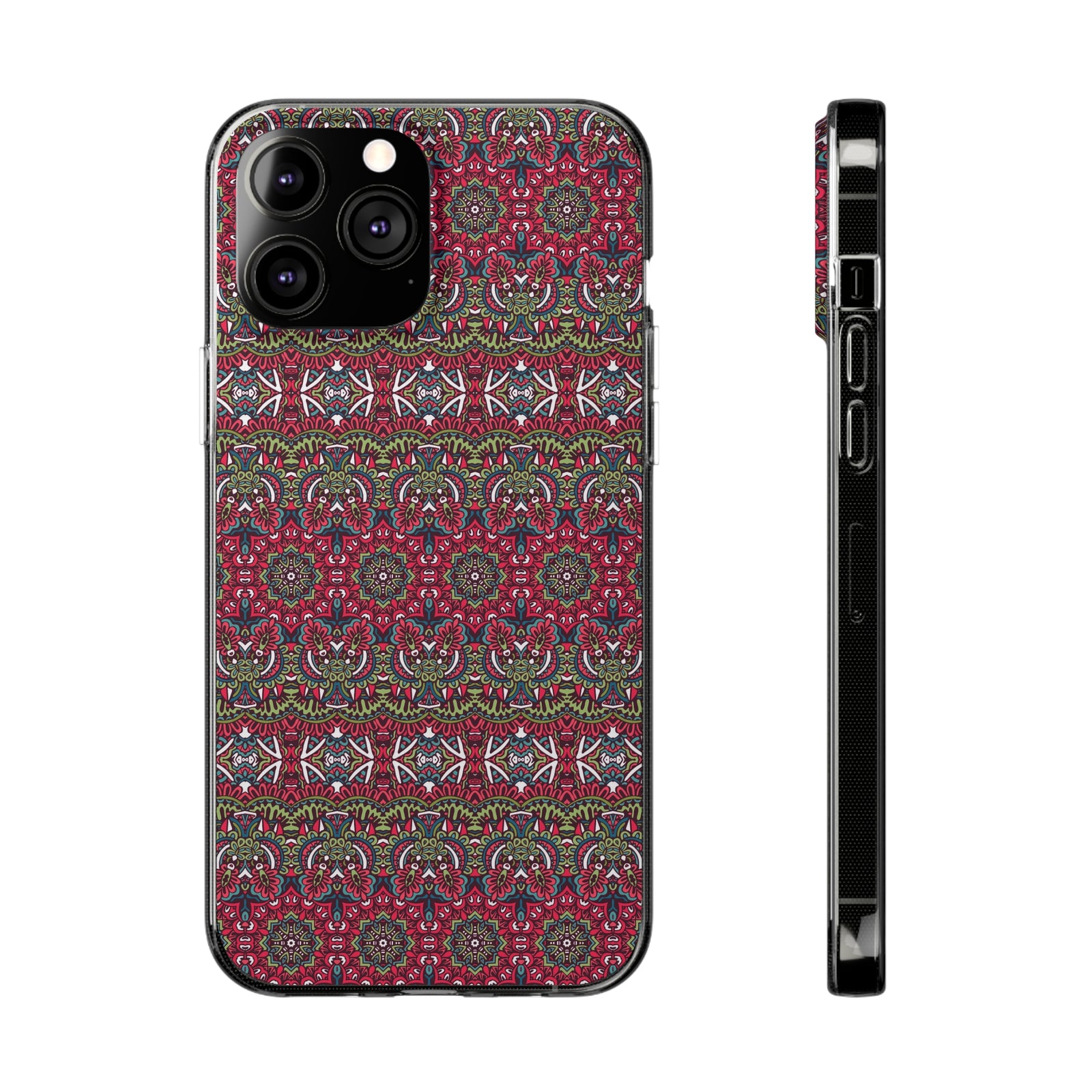 Red mandala phone case design, perfect for outdoor adventures and camping, customizable for personal style.