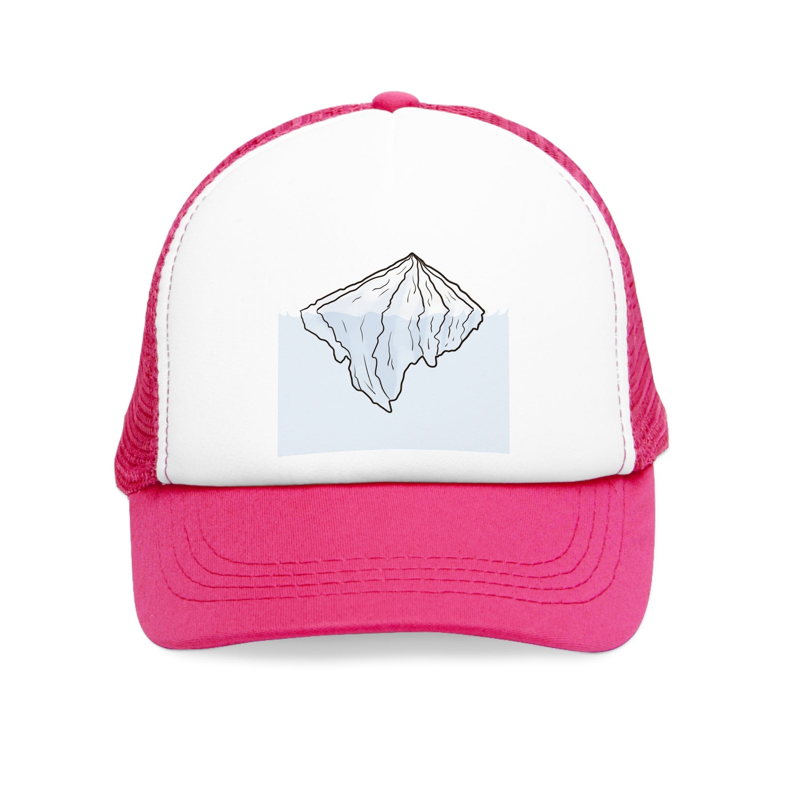 Pink mesh cap featuring a mountain iceberg design, ideal for outdoor adventures and camping from revlando.com.