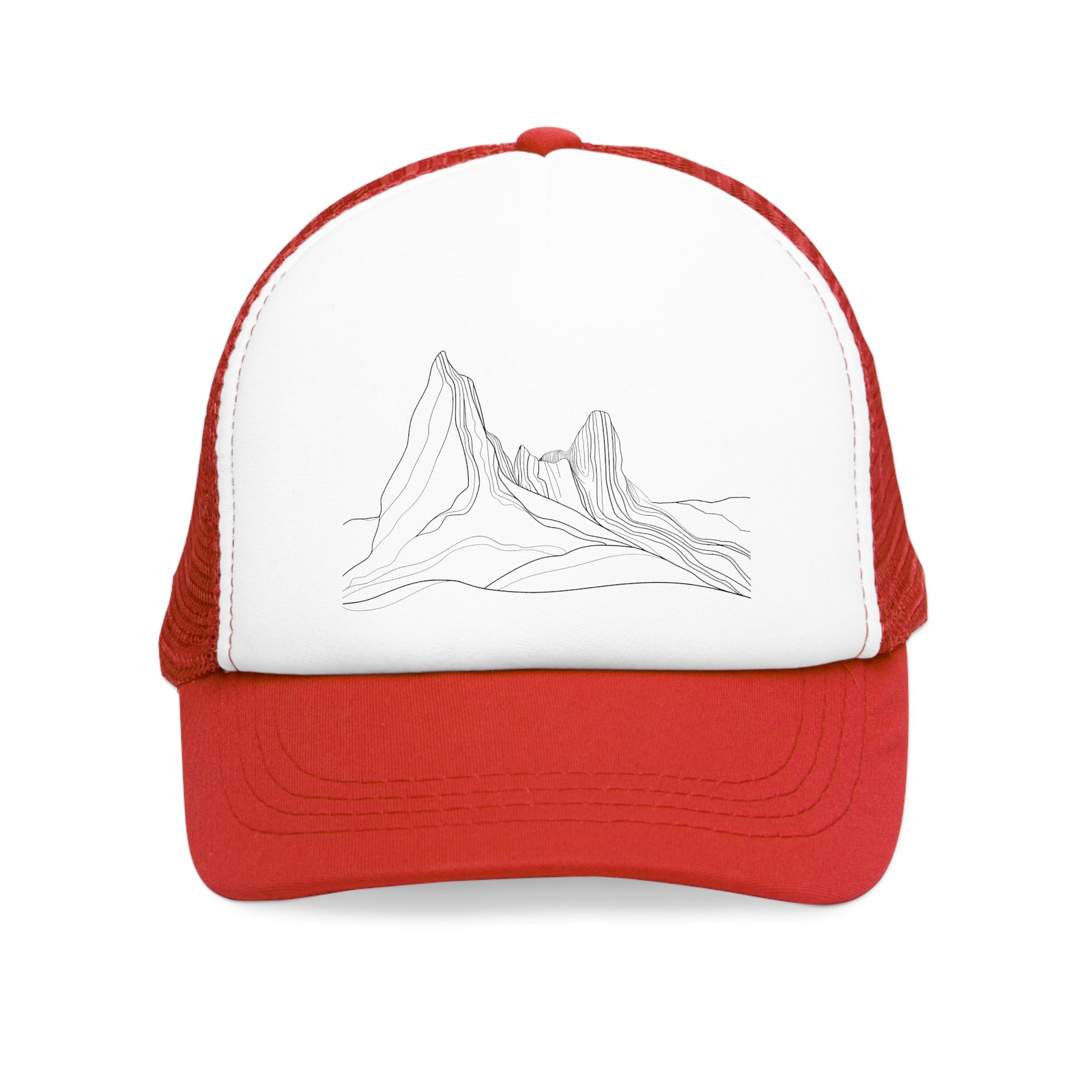 Red mesh cap with a mountain design, perfect for outdoor adventures and camping.