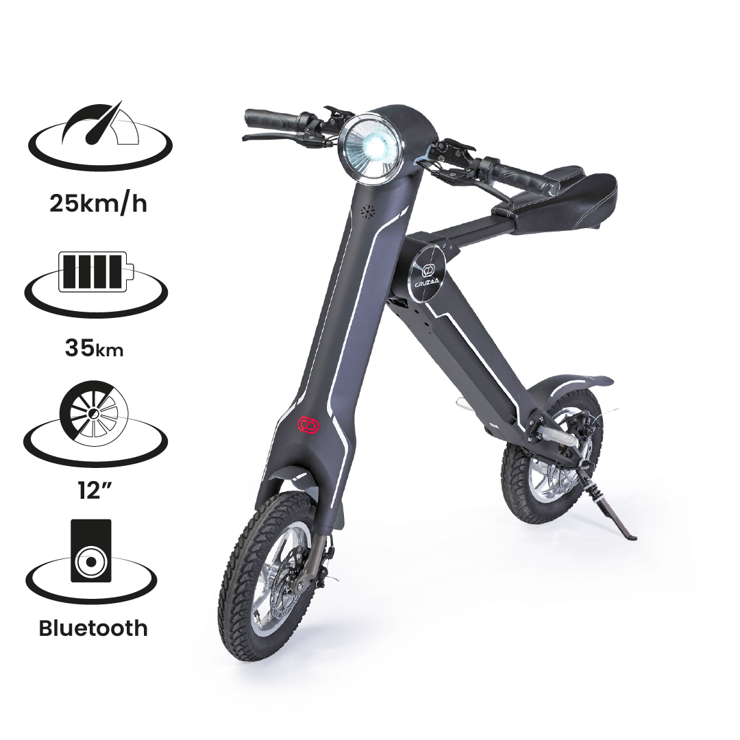 Cruzaa Electric Scooter with 25km/h speed, 35km range, Bluetooth speakers, and 12-inch wheels for outdoor adventures.