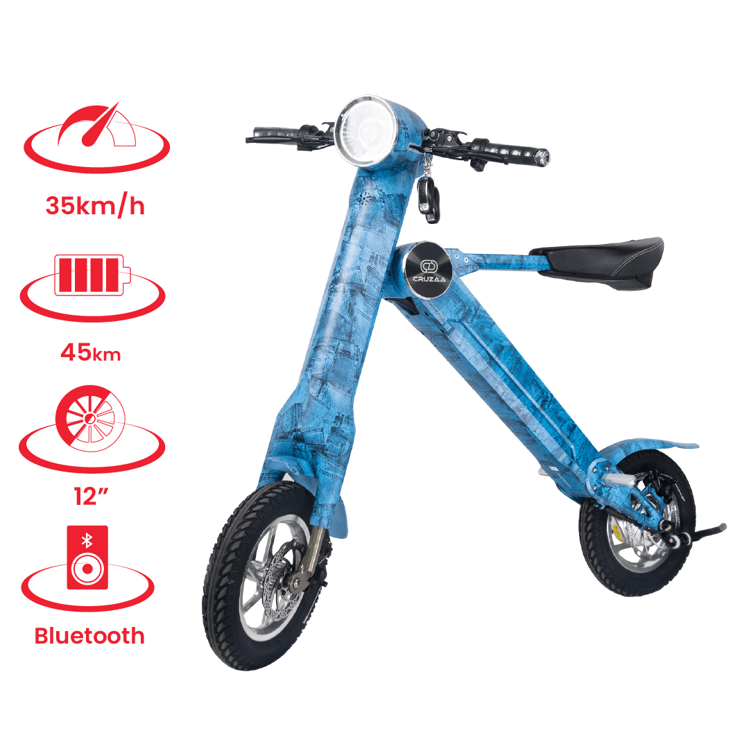 Limited Edition Cruzaa Electric Scooter in Denim Blue with 35 km/h speed, 45 km range, and Bluetooth speakers for outdoor adventures.