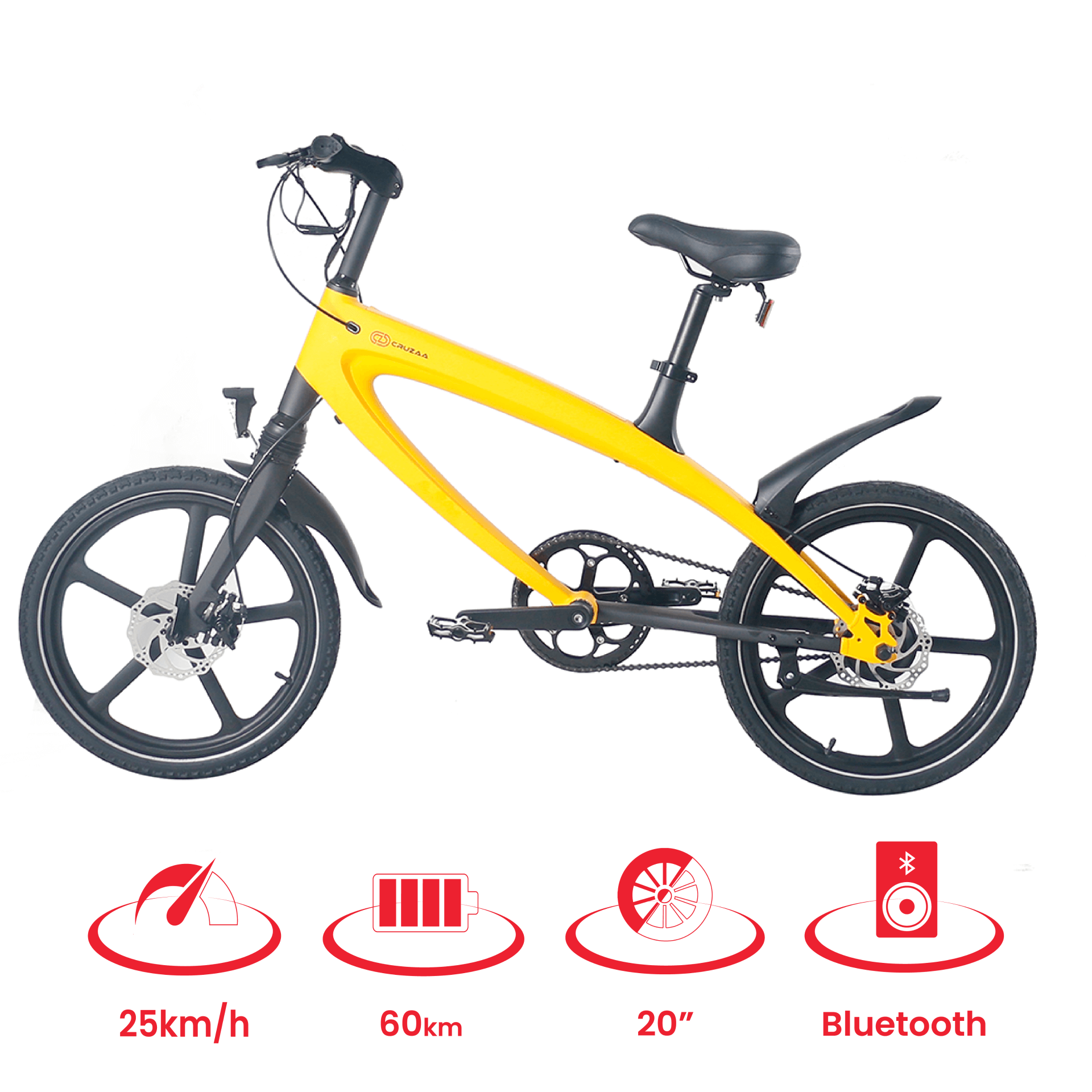 The Official Solar Beam Yellow E-Bike with Built-in Speakers & Bluetooth (Up to 60km Range) - Lightweight, Water Resistant, 3 Speed Gears