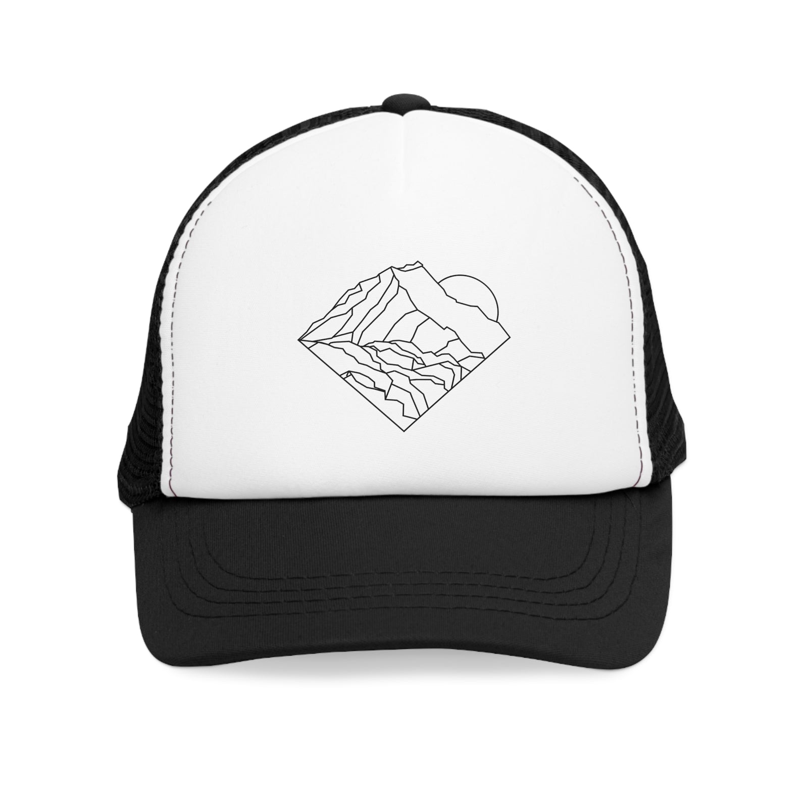 Mesh cap featuring mountain illustration, perfect for outdoor adventures and camping at revlando.com.
