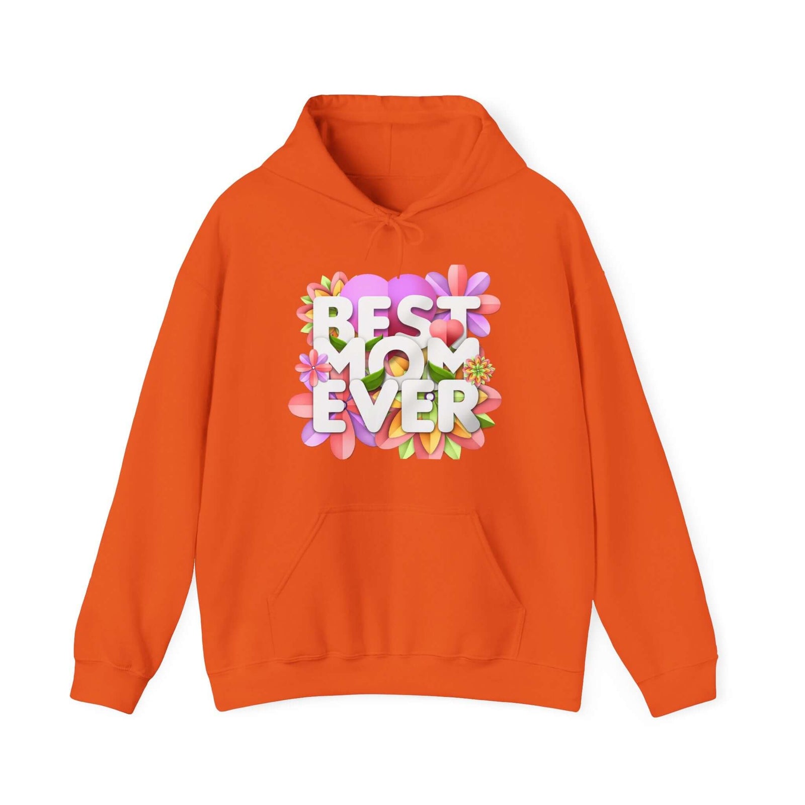 Best Mom Ever floral hoodie in vibrant orange, perfect for outdoor adventures and camping. Explore more at revlando.com.