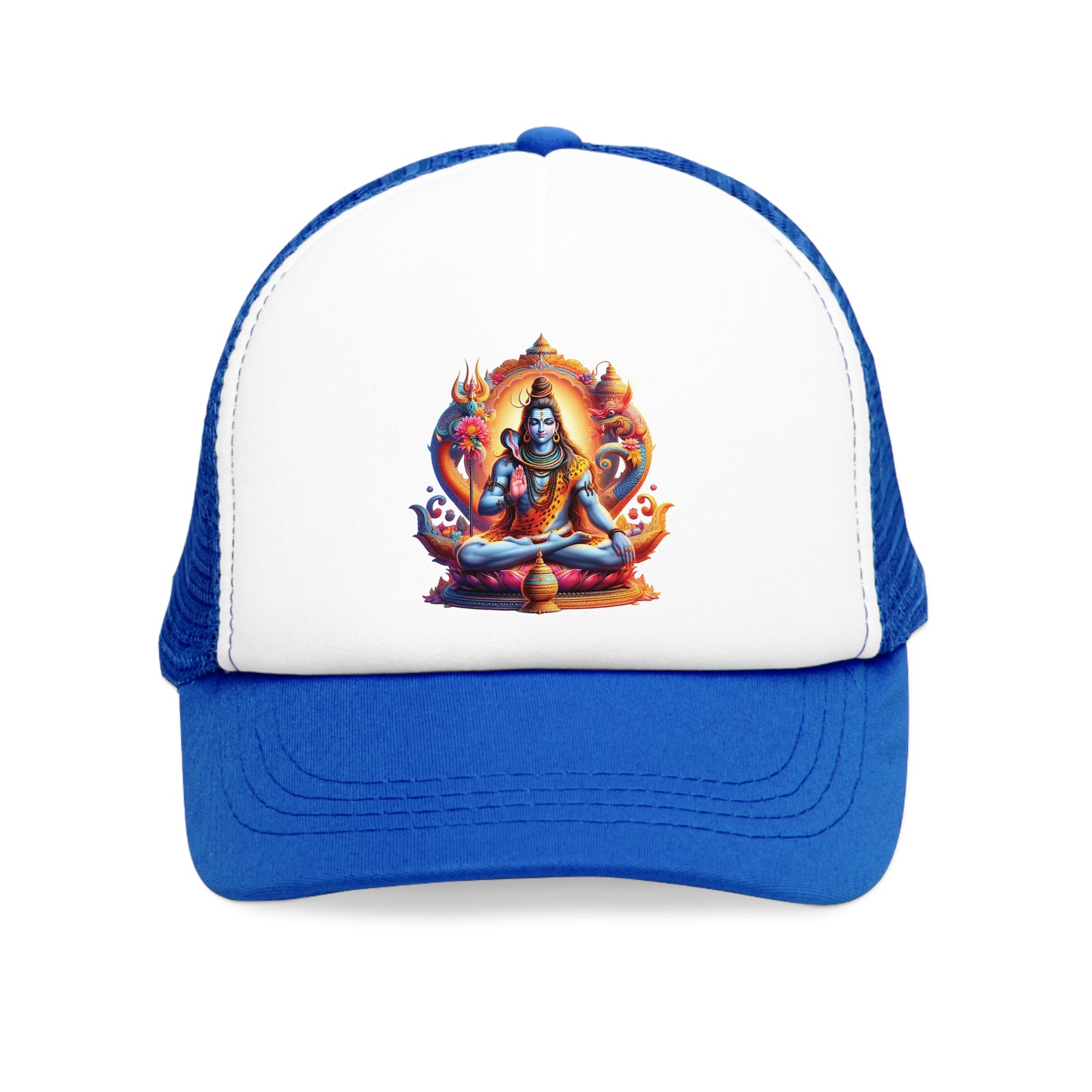 Blue mesh cap featuring a vibrant illustration of a deity, perfect for outdoor adventures and camping trips.