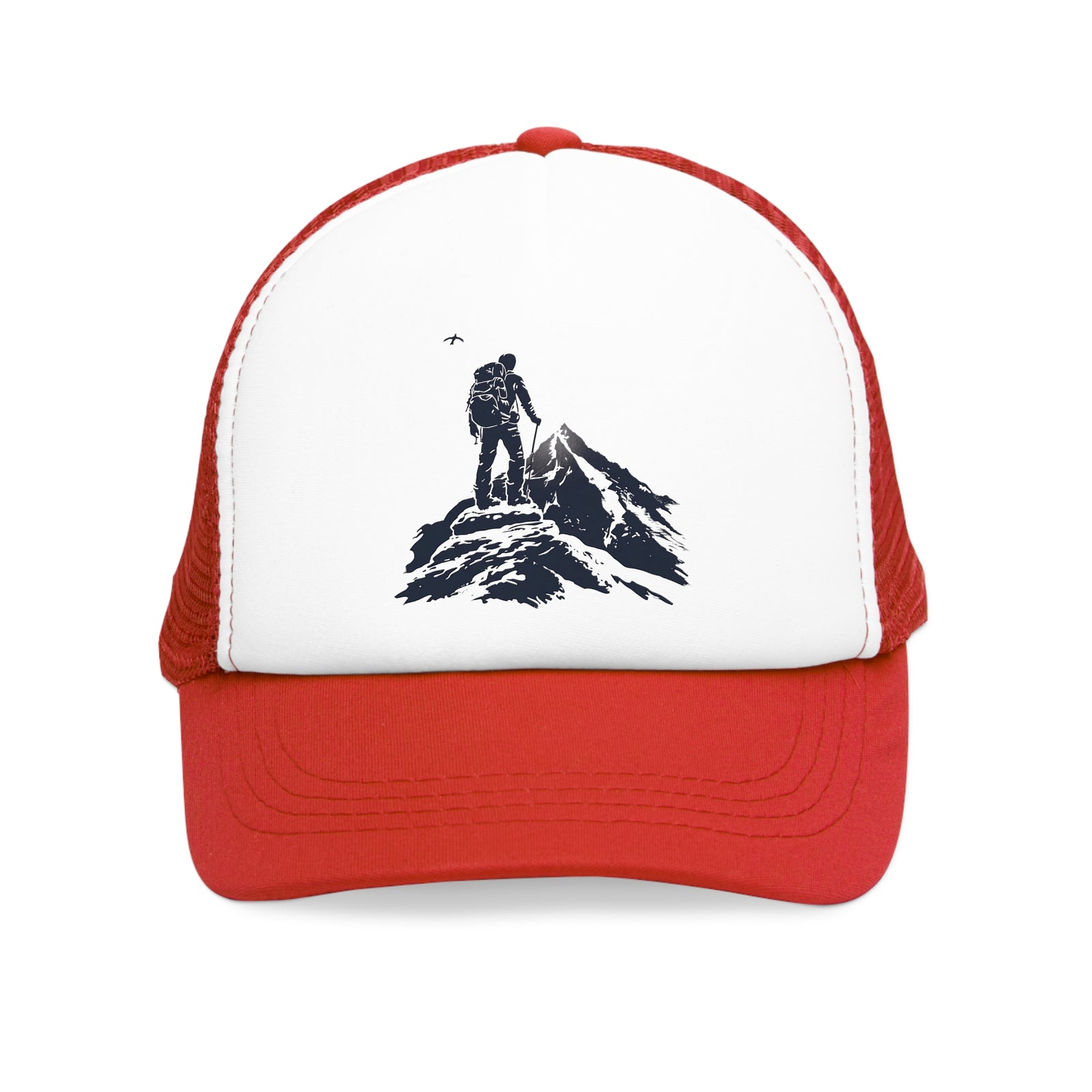 Red mesh cap featuring mountain climber design, perfect for outdoor adventures and camping. Available at revlando.com.