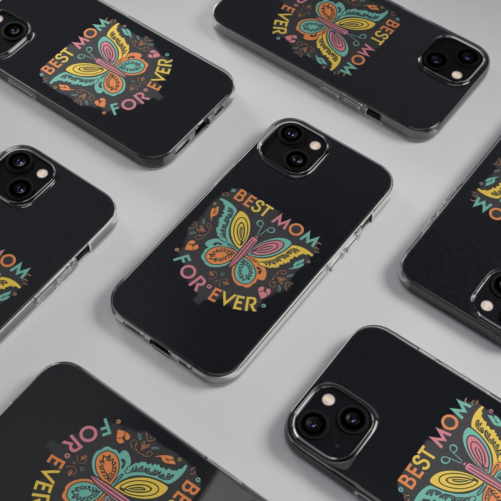 Colorful phone case with 'Best Mom Forever' design on wooden table, perfect for outdoor adventures and camping.