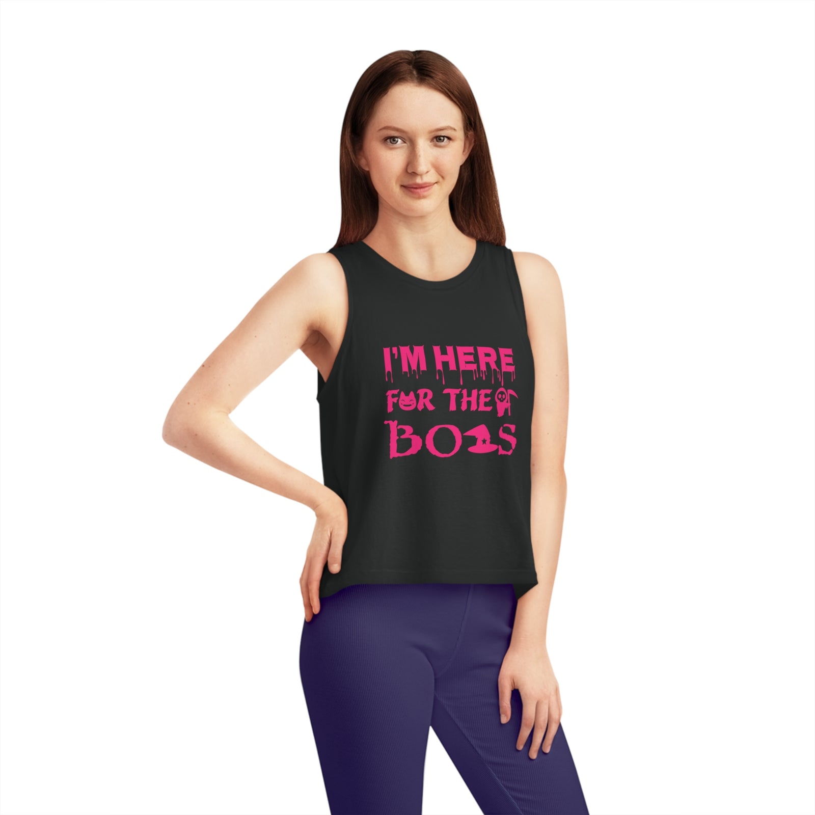 Model wearing a cropped tank top with the text 'I'M HERE FOR THE BOAS' in pink on a black background.