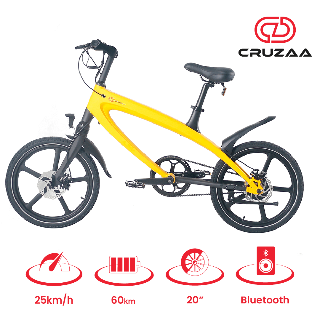 The Official Solar Beam Yellow E-Bike with Built-in Speakers & Bluetooth (Range up to 60km) - Effortless Transportation with Integrated Music Streaming