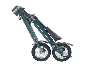 Limited Edition Cruzaa Electric Scooter in Magno Green, showcasing a unique foldable design for outdoor adventures and travel.