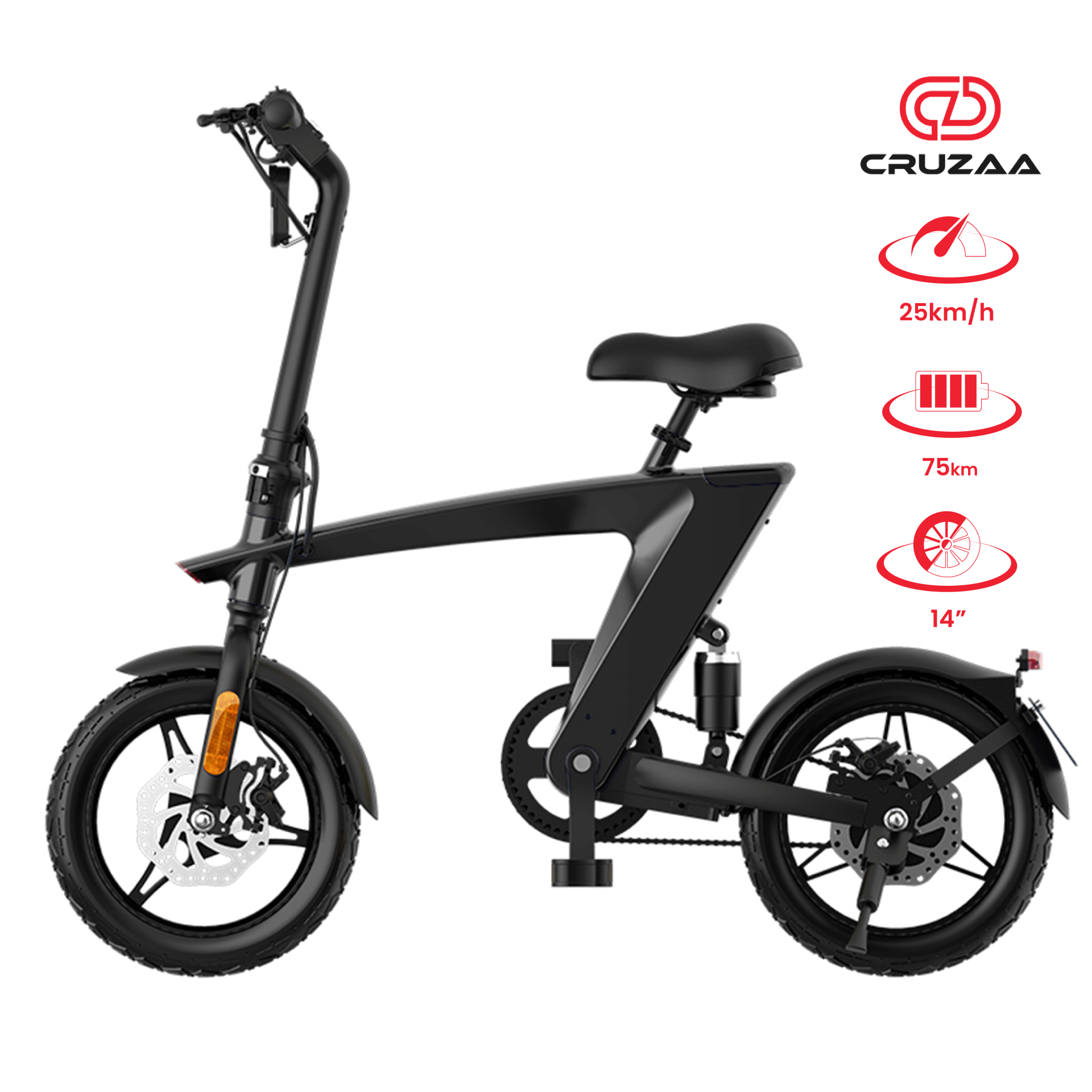 The Max Foldable E-Bike Carbon Black Range 35km - Top Speed 25km/h | Cruzaa