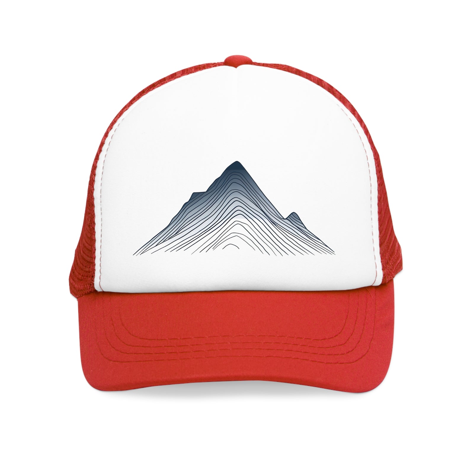 Red mesh cap with mountain design, perfect for outdoor adventures and camping. Versatile and stylish headwear for adventure lovers.