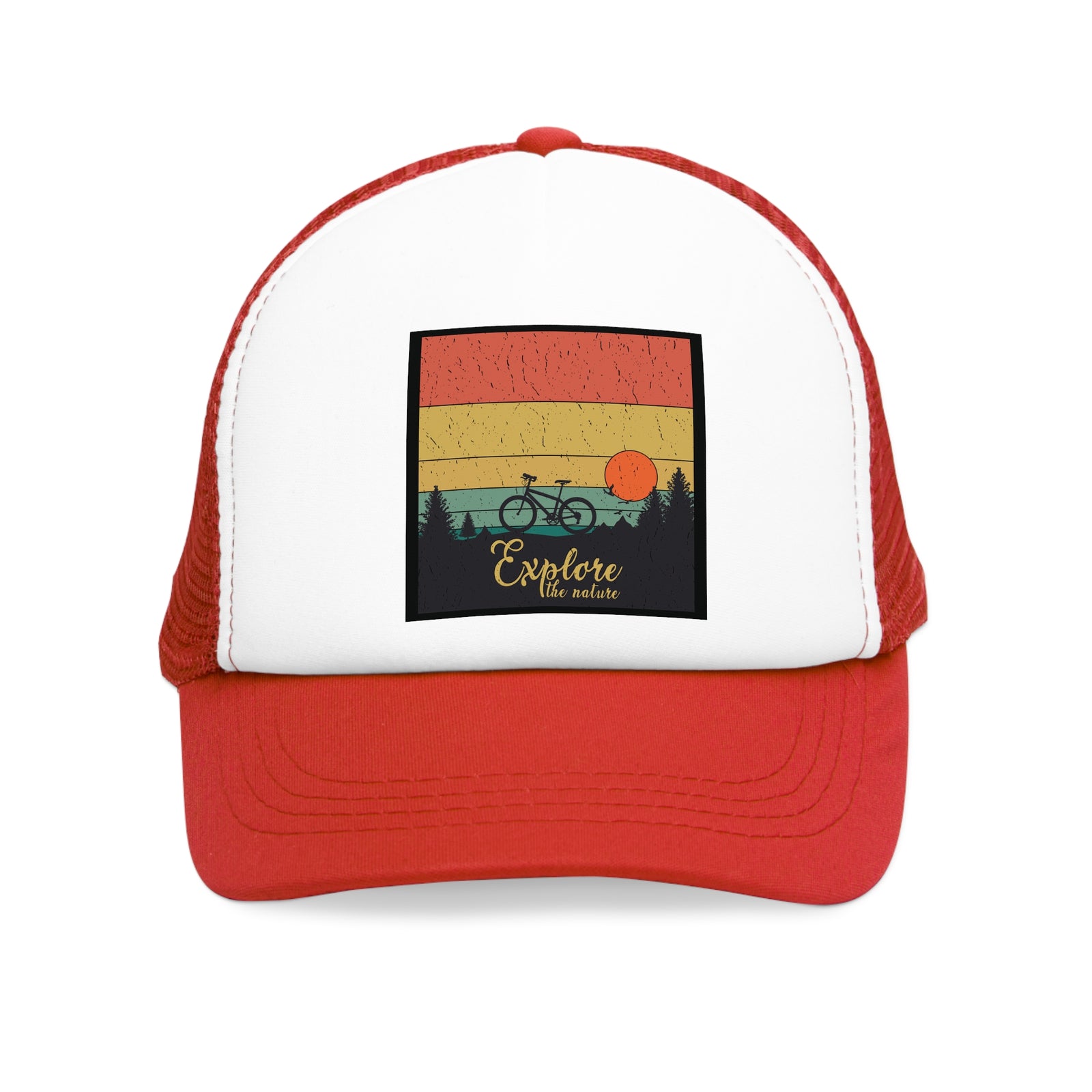 Red mesh cap with bicycle design and sunset, perfect for outdoor adventures and camping, available at revlando.com.