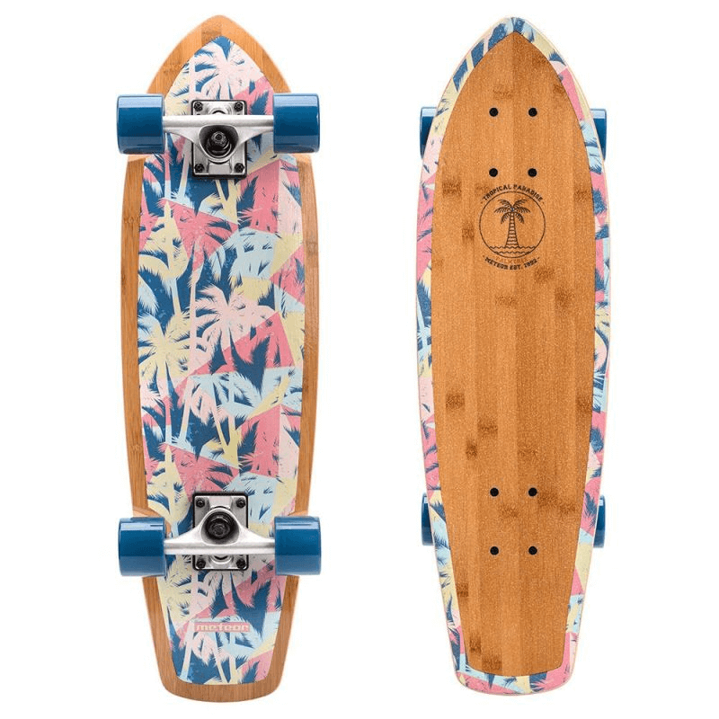 Meteor 22596 skateboard with vibrant palm tree design, made from durable bamboo and maple, perfect for outdoor adventures.